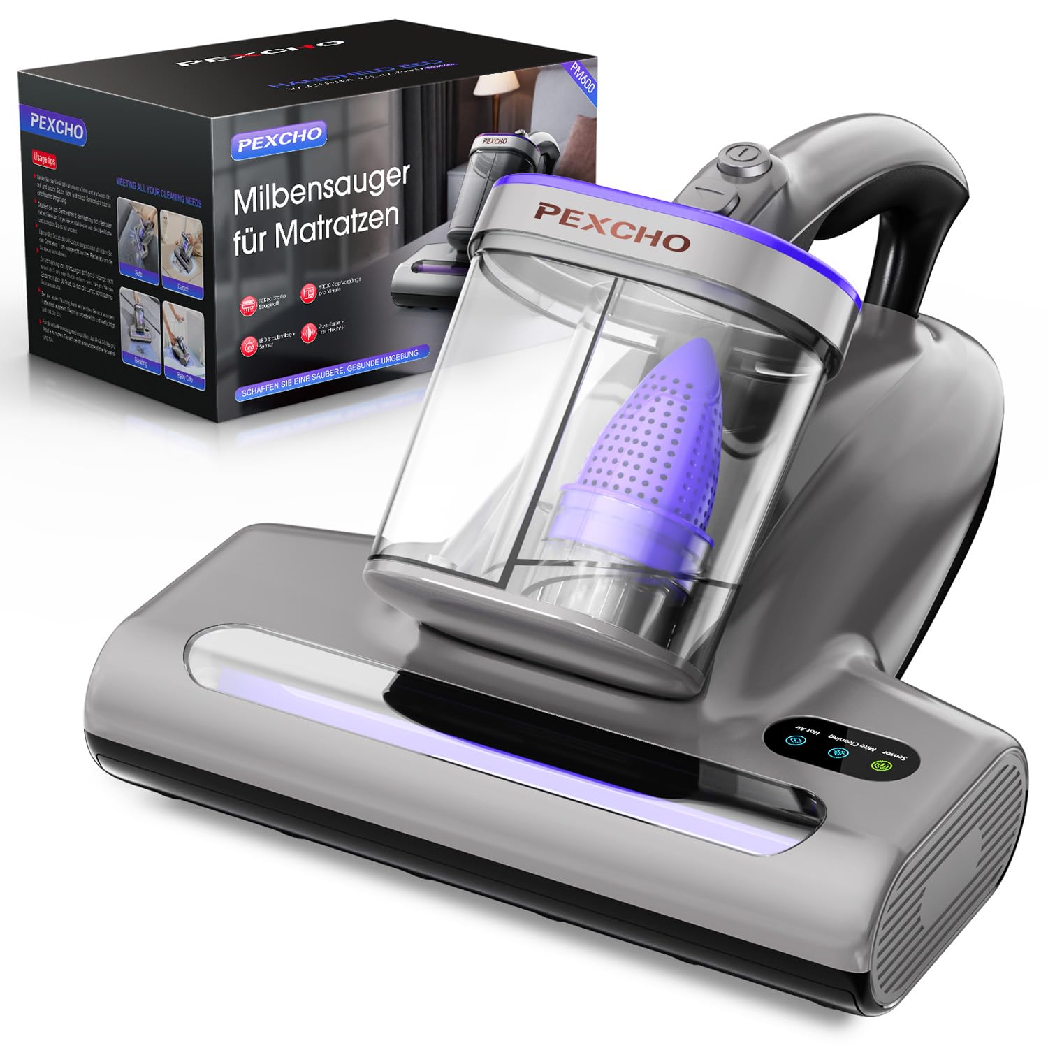 PEXCHO PM600 Aspirateur Anti Acariens avec lumière UV, 500 W, pour Les Personnes allergiques, élimine 99,9% des acariens, allergènes, Poils d'animaux des Matelas, Tapis et canapés