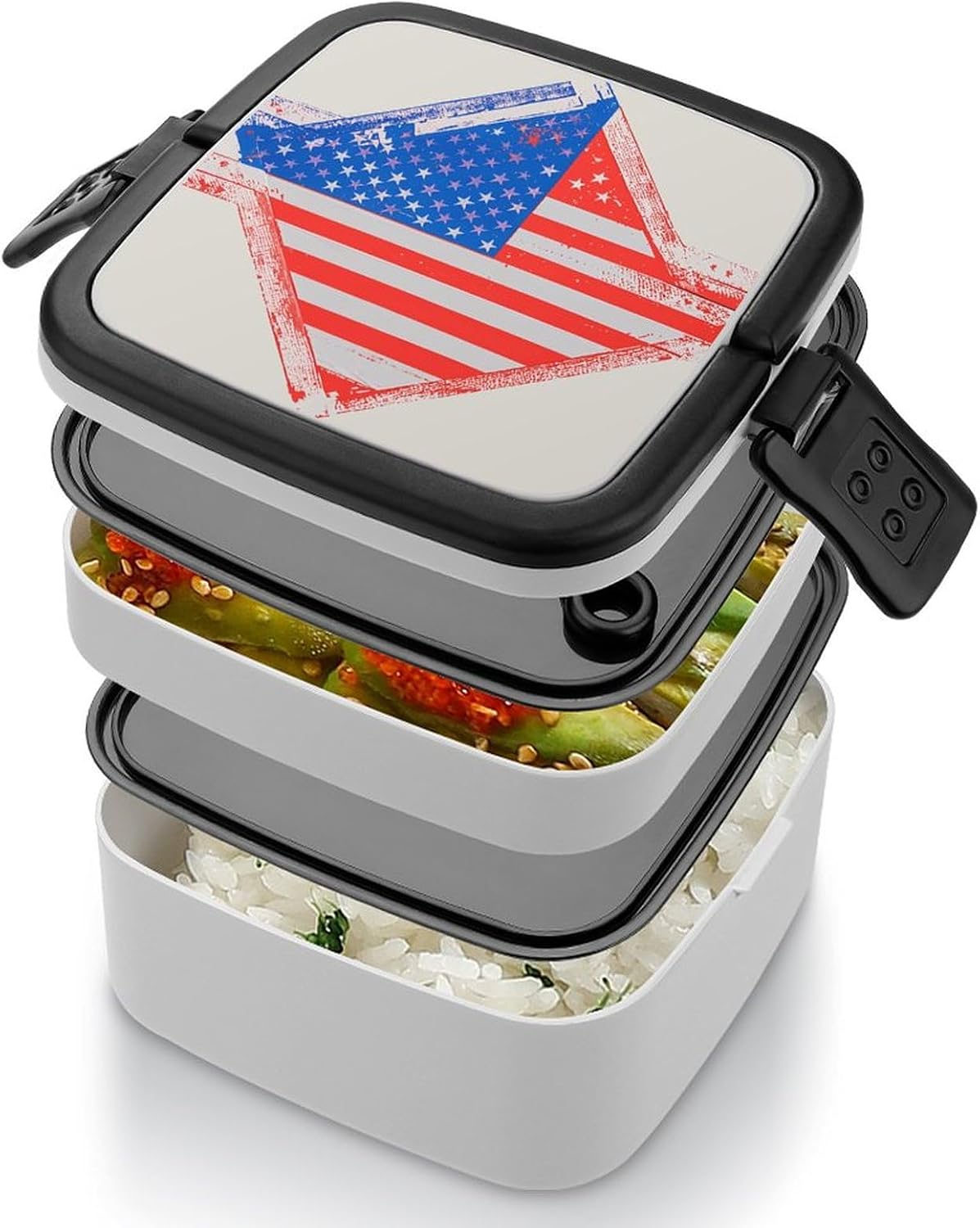 Bento Box with Spoon And Handle American Flag Stars Stripes Printed Stackable Bento Box Portable Bento Lunch Box Container for Work Camping And Travel
