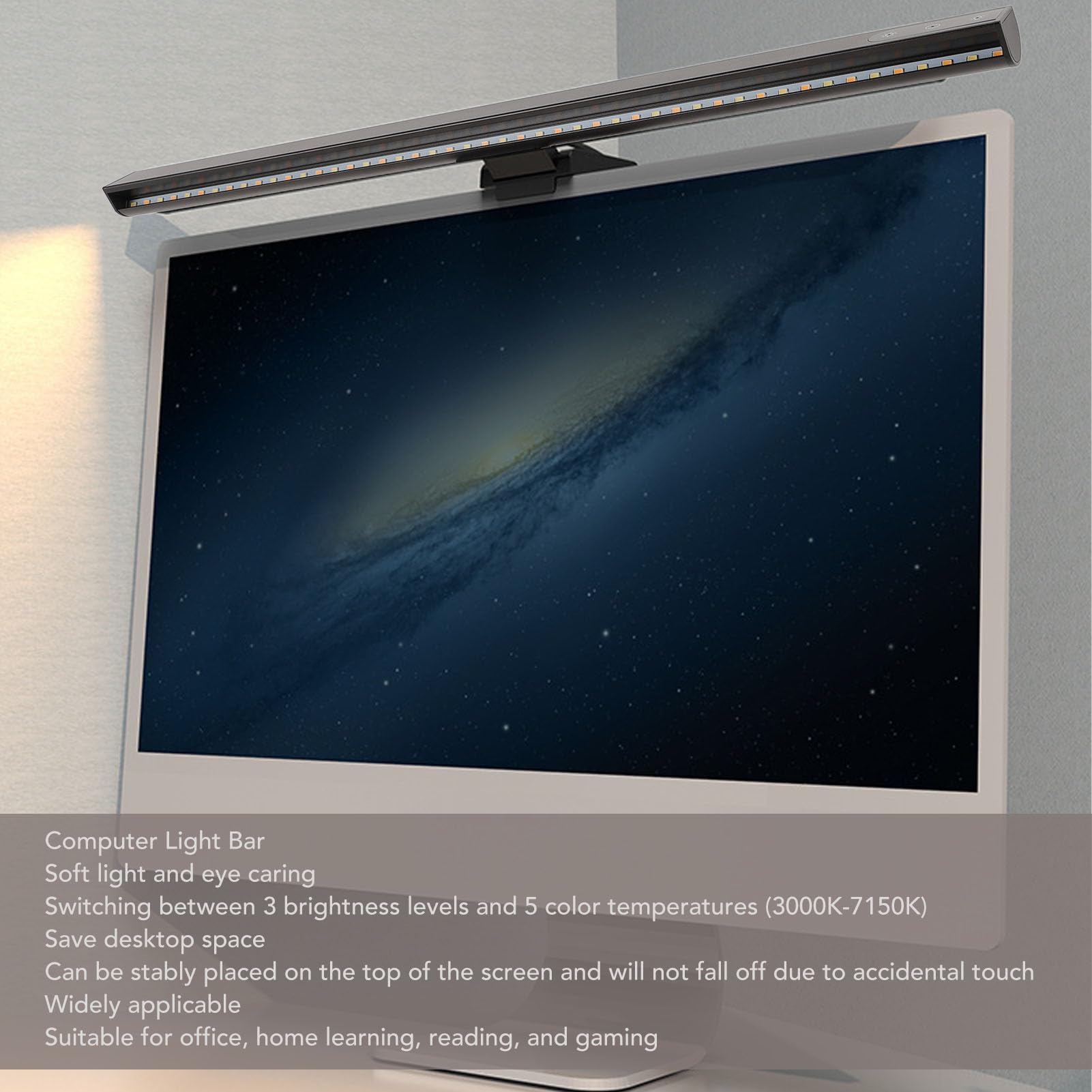 Barre Lumineuse pour Ordinateur, Lampe d'écran LED gradable Knob Clip, 15 Modes d'éclairage Contrôle Tactile pour Le Soin des Yeux Lumière d'écran alimentée par USB