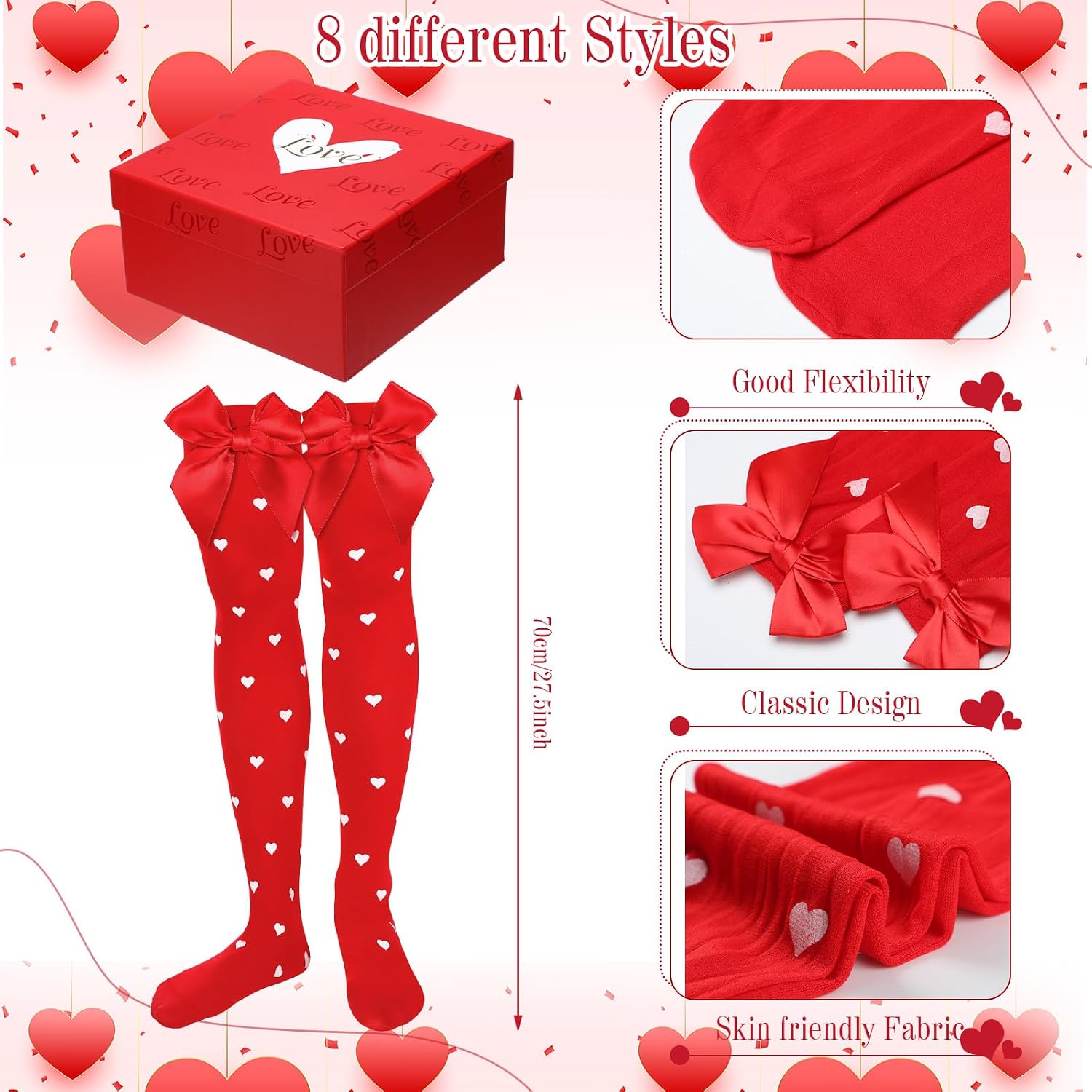 8 Pairs Valentines Day Heart Stockings with Gift Box Novelty Knee High Socks Heart Love Knee Thigh High Socks for Valentine's Day Women, White, Black, Red, Medium-XX-Large