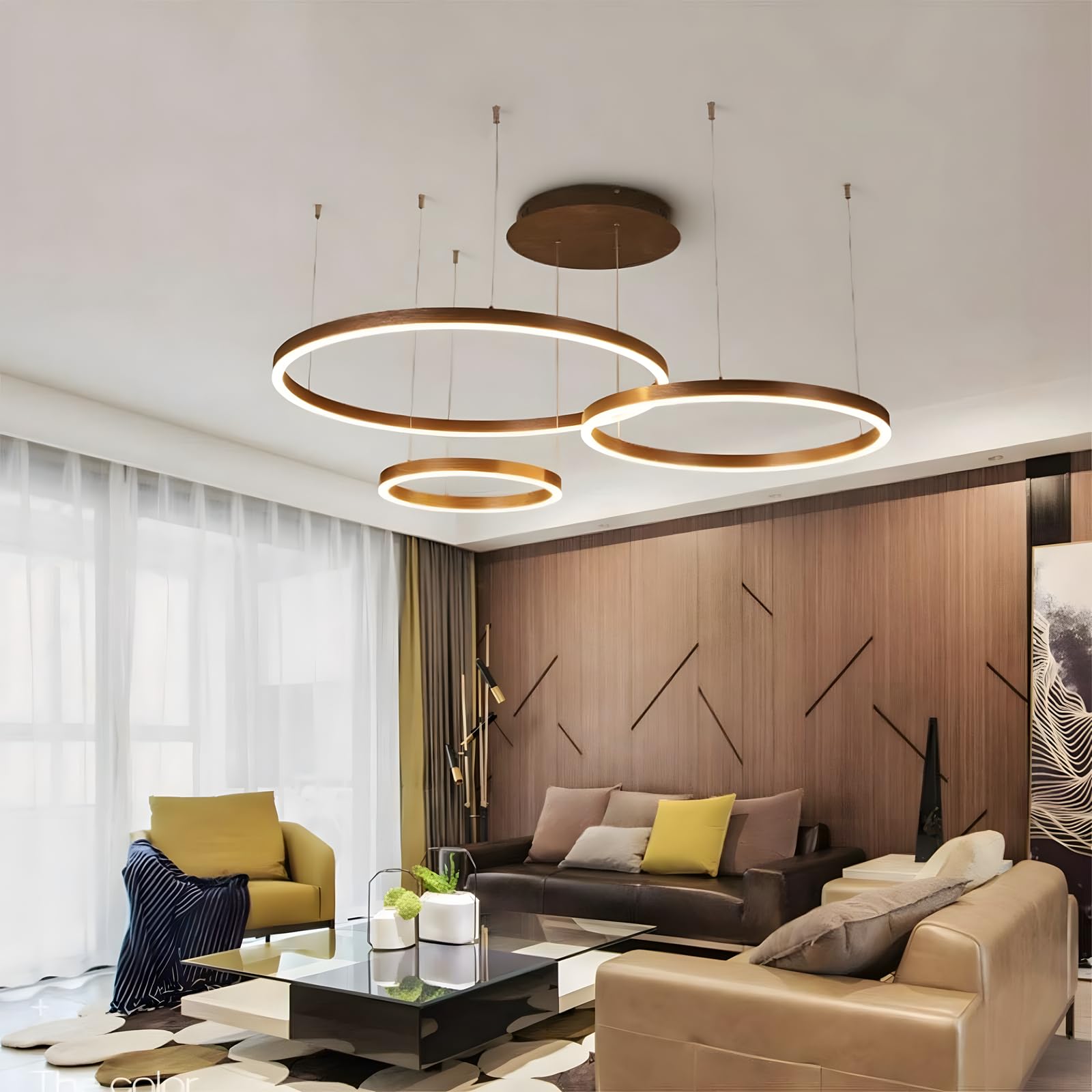 Lustre LED en Métal | 3 Cercles 40+60+80cm | 90W Plafonnier Suspendu Avec Anneaux, Télécommande à Intensité Variable 3000-6000K, Abat-jour en Acrylique Salon Chambre Foyer Salle Manger【Brun】