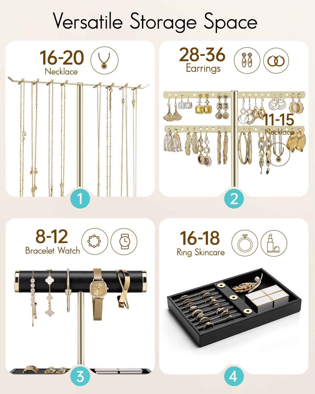 Vlando 3 Tier Jewelry Stand Organizer with Tary, Leather Jewelry Holder Display for Women, Gold Jewlery Holder Display for Necklace, Earring, Bracelet, Rings - Black - Image 4