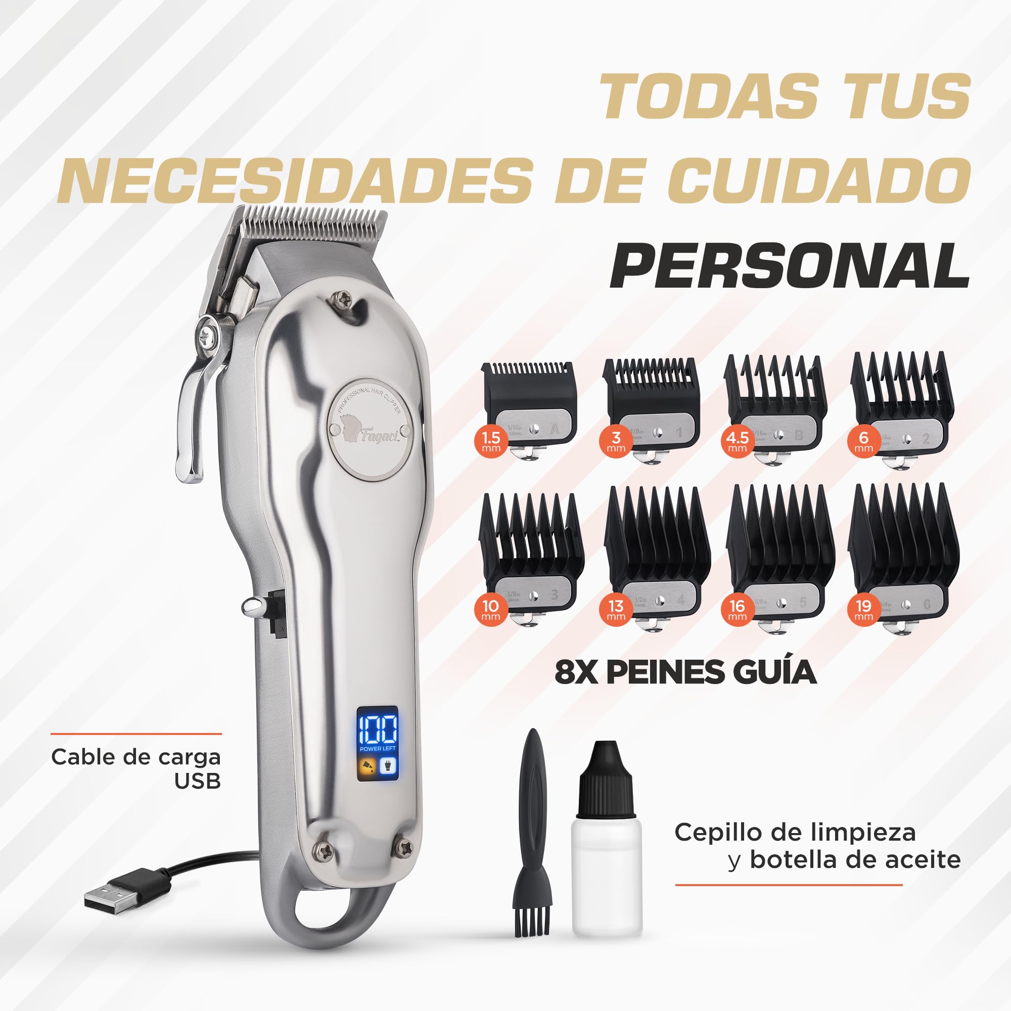 Fagaci Maquina de Cortar Pelo Hombre Profesional, Acero 440C Kit Barbero | Cortapelos inalámbrica de acero 440C con motor potente, 5 horas de batería, Incluye 8 guías, aceite, cepillo y cable USB