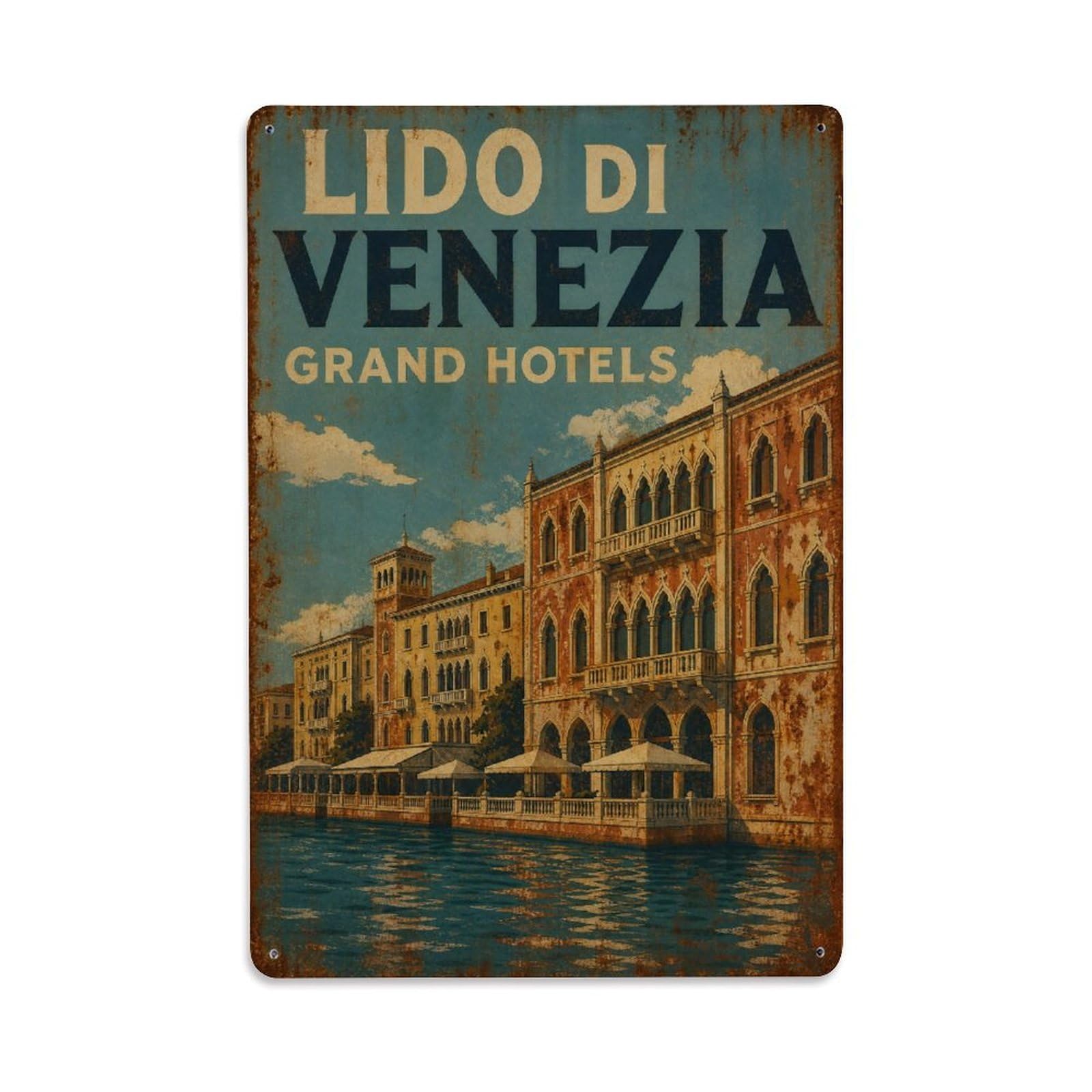 Huiyhb 8X12inch(20X30cm) Vintage Travel Lido Venezia Grand Hotels Waterfront Italy Metal Tin Sign