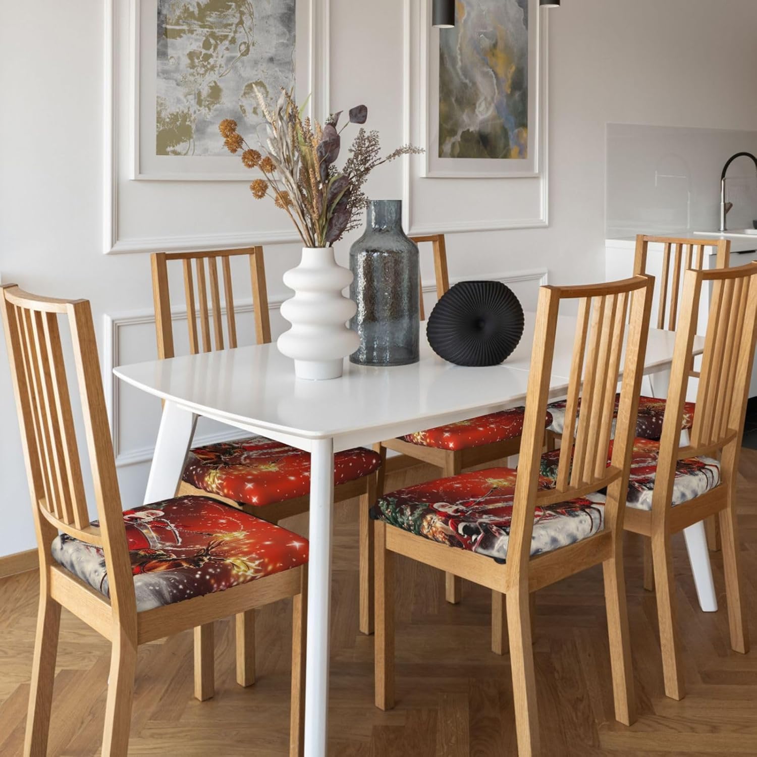 Christmas Santa Claus Print Square Cushion Covers 6 Pcs Set Elastic Non-Slip Seat Cushion Slipcovers Pet Furniture Protectors for Chair, Sofa