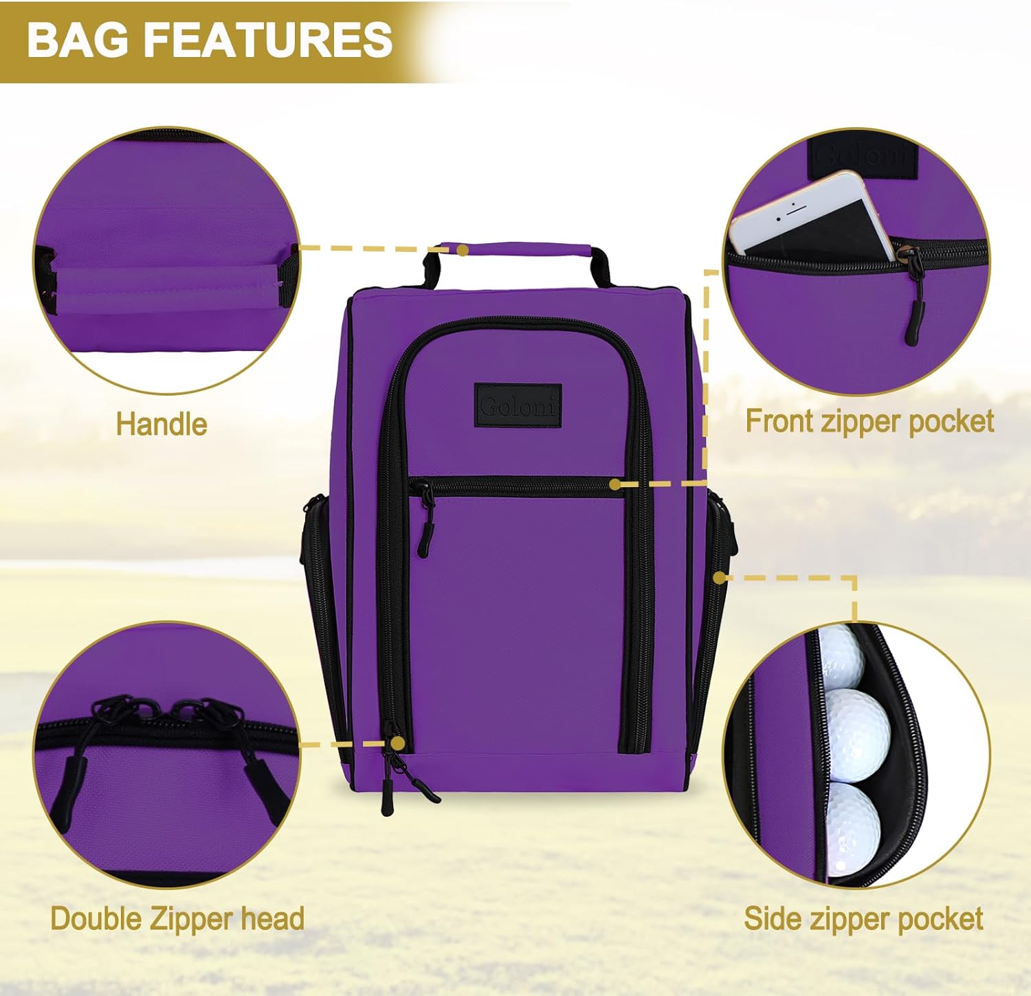 Goloni Golf Shoe Bag for Men & Women, Padded Travel Shoe Bag with Side Accessory Pockets,Sport Shoe Carrier for Golf Shoes,Socks,Tees & Balls,Durable & Lightweight Design,Purple - Image 2