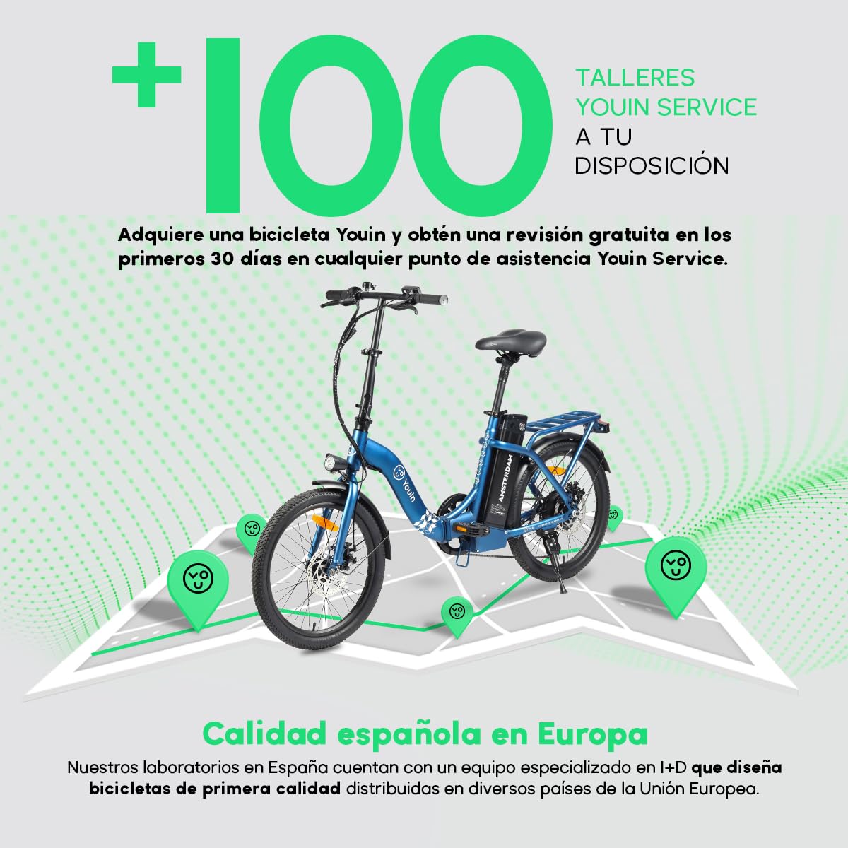 Youin Amsterdam Bicicleta Eléctrica Plegable 20" | Motor Trasero 250W 40Nm, Batería Extraíble 281Wh, Hasta 45 km de Autonomía, 7 Velocidades, Frenos de Disco