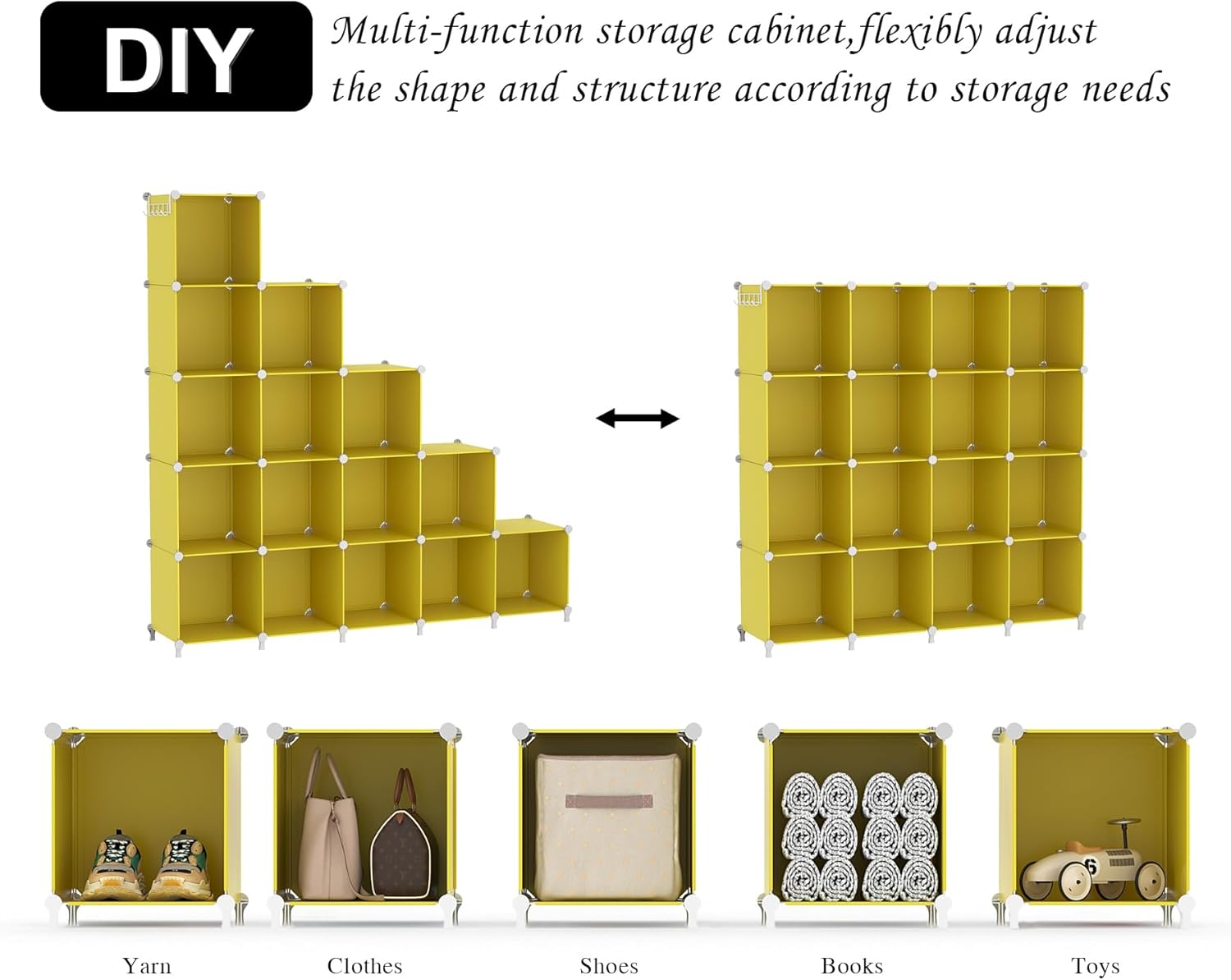 AWTATOS Cube Storage Organizer, Storage Cubes Shelves, 16 Cube Closet Organizers and Storage, DIY Stackable Bookshelf Plastic Clothes Organizer Shelving for Bedroom, Home, Yellow - Image 6