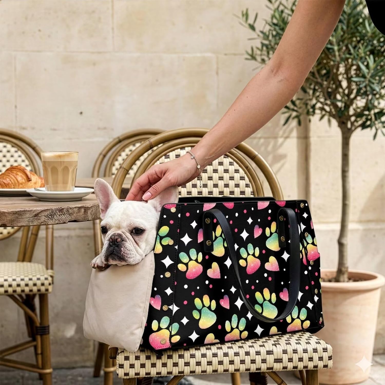 COEQINE Colorful Paw Prints Puppy Carrier Bag for Small Dogs Portable Waterproof Leather Sling Bag for Women Shopping Pet Treat Bag with Pillow Replacement Machine Washable for Outdoor Travel