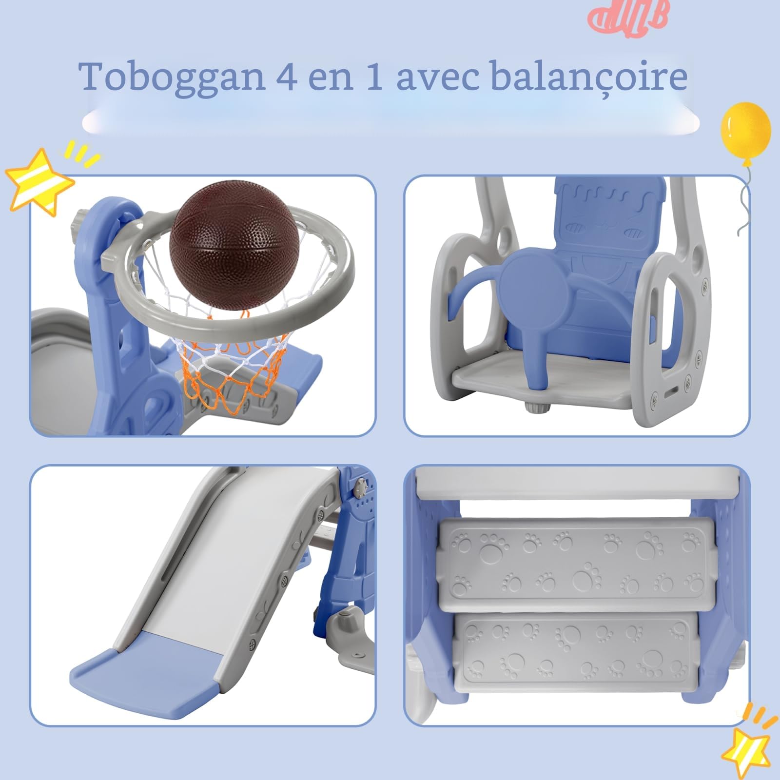 Toboggan pour Enfant 4 en 1,Toboggan Intérieur et Extérieur avec Panier de Basket, Escalier,Balançoire Toboggans autoportant,échelle d'escalade, pour Enfants de 1 à 4 Ans,Bleu,140x118x82cm