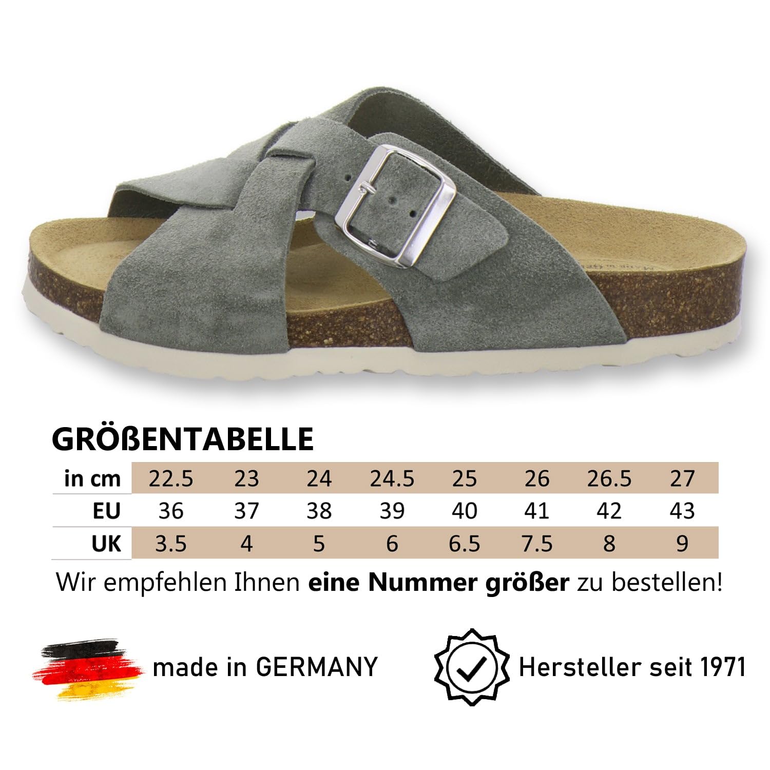 AFS-Schuhe 2141, Pantofole da donna alla moda in vera pelle, sandali estivi con grande fibbia, realizzati a mano in Germania