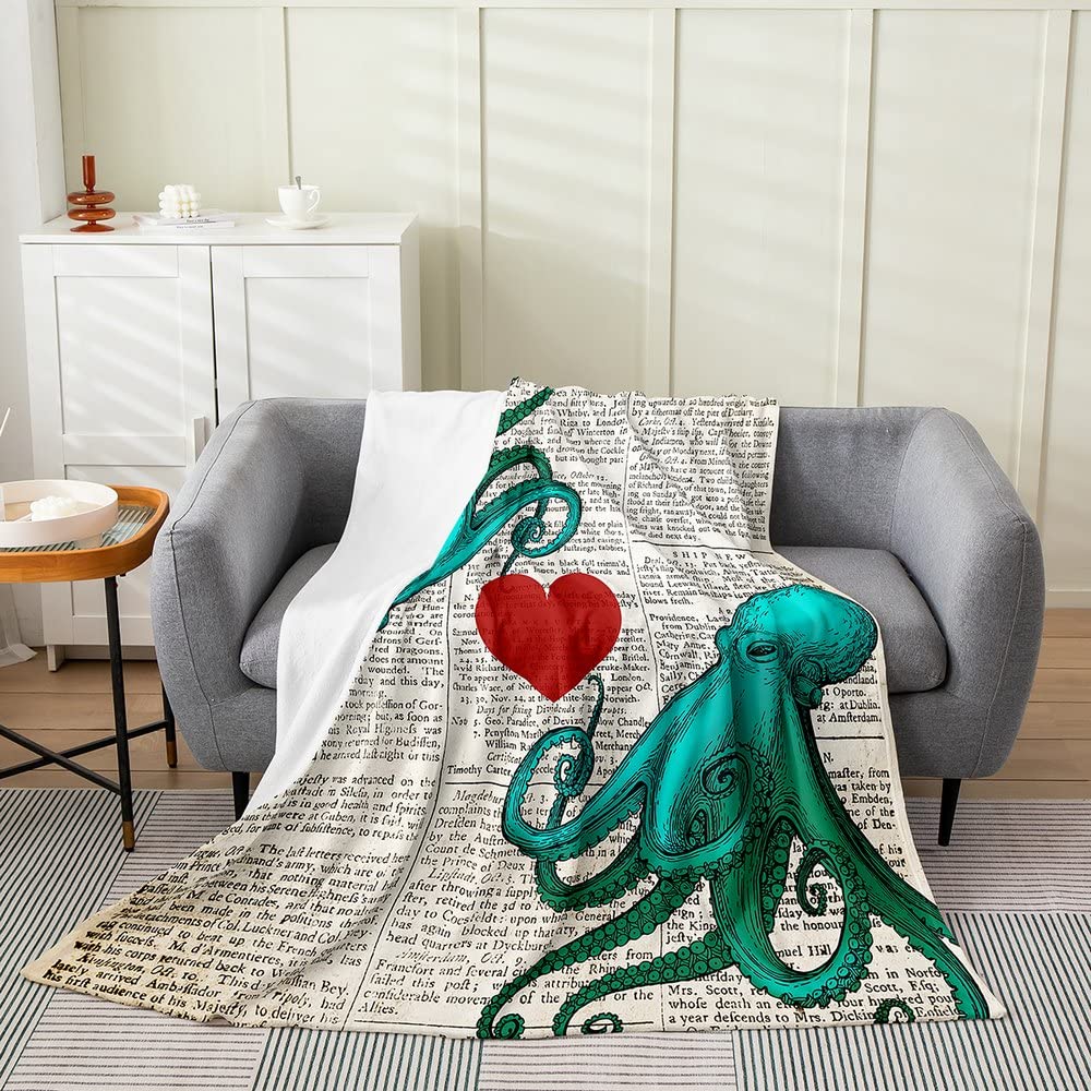 Manta de franela de forro polar de pulpo, manta de felpa de Ocean Kraken, tentáculos de pulpo, estilo retro para todas las estaciones, para sofá, niños, microfibra, mar, reina, 90 x 90 pulgadas