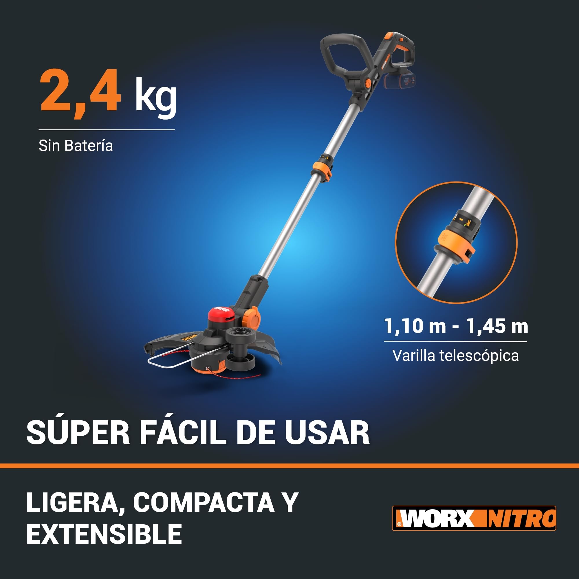 WORX Nitro WG173E.9 - Cortabordes con batería (20 V, Potente Motor sin escobillas, círculo de Corte de 33 cm, Comodidad de Uso Gracias al Mango de Goma, Compatible con PowerShare, sin batería ni