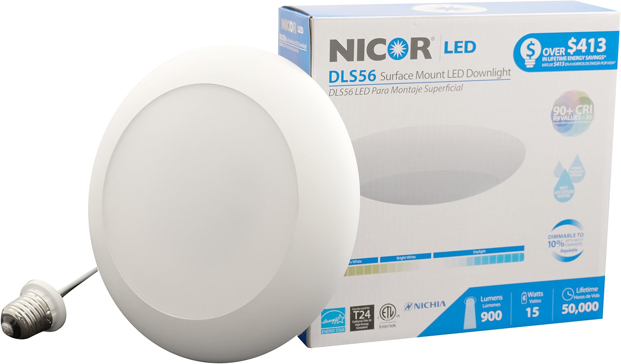 NICOR Lighting Dimmable 900-Lumen 3000K LED Surface Mount Downlight Kit for 5-6-Inch Housings, White Trim (DLS56-2009-120-3K-WH)