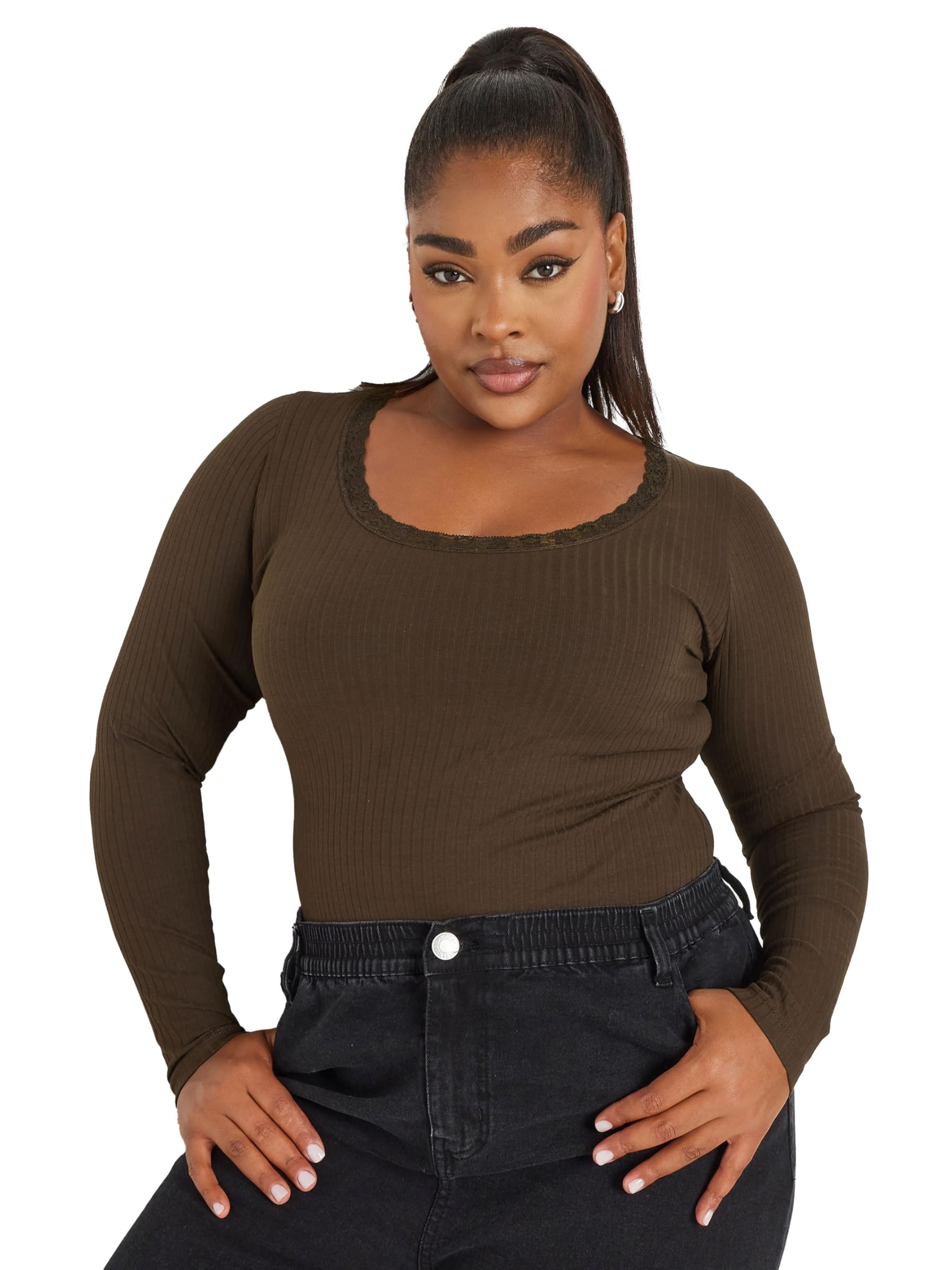 Yours Women's Brown Curve Chocolate Lace Trim Bodysuit - Plus Size Curve