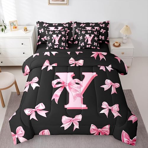 Erosebridal Letter Bow Comforter Set with Sheets Pink Kawaii Bowknot Girls Queen