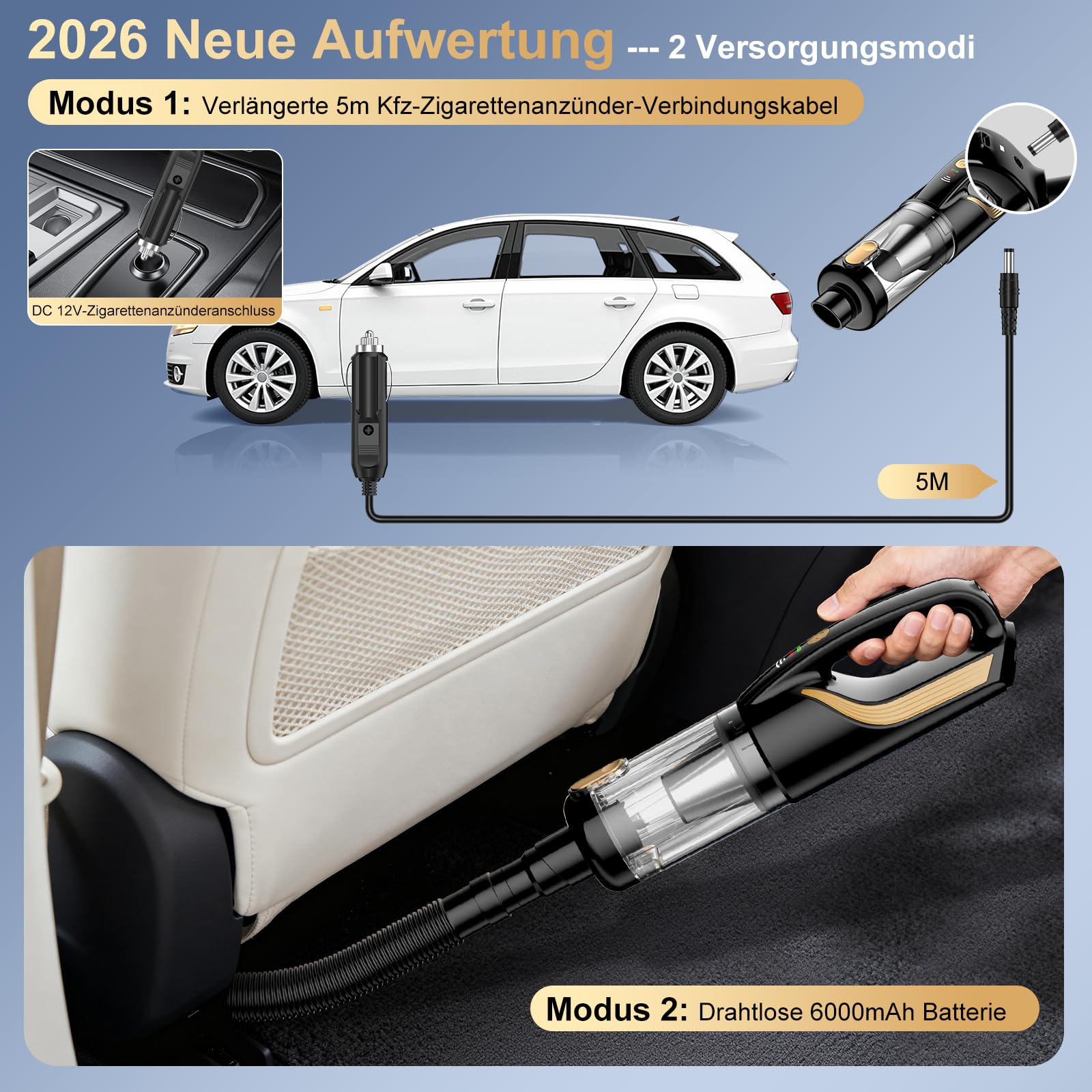 RABIGALA Handstaubsauger Akku 4-in-1, 27000PA Auto Staubsauger Stark, Autostaubsauger Kabellos mit 12V Kfz-Zigarettenanzünder-Anschlusskabel 5m, 2-Gang Handstaubsauger Auto für Auto, Haushalt