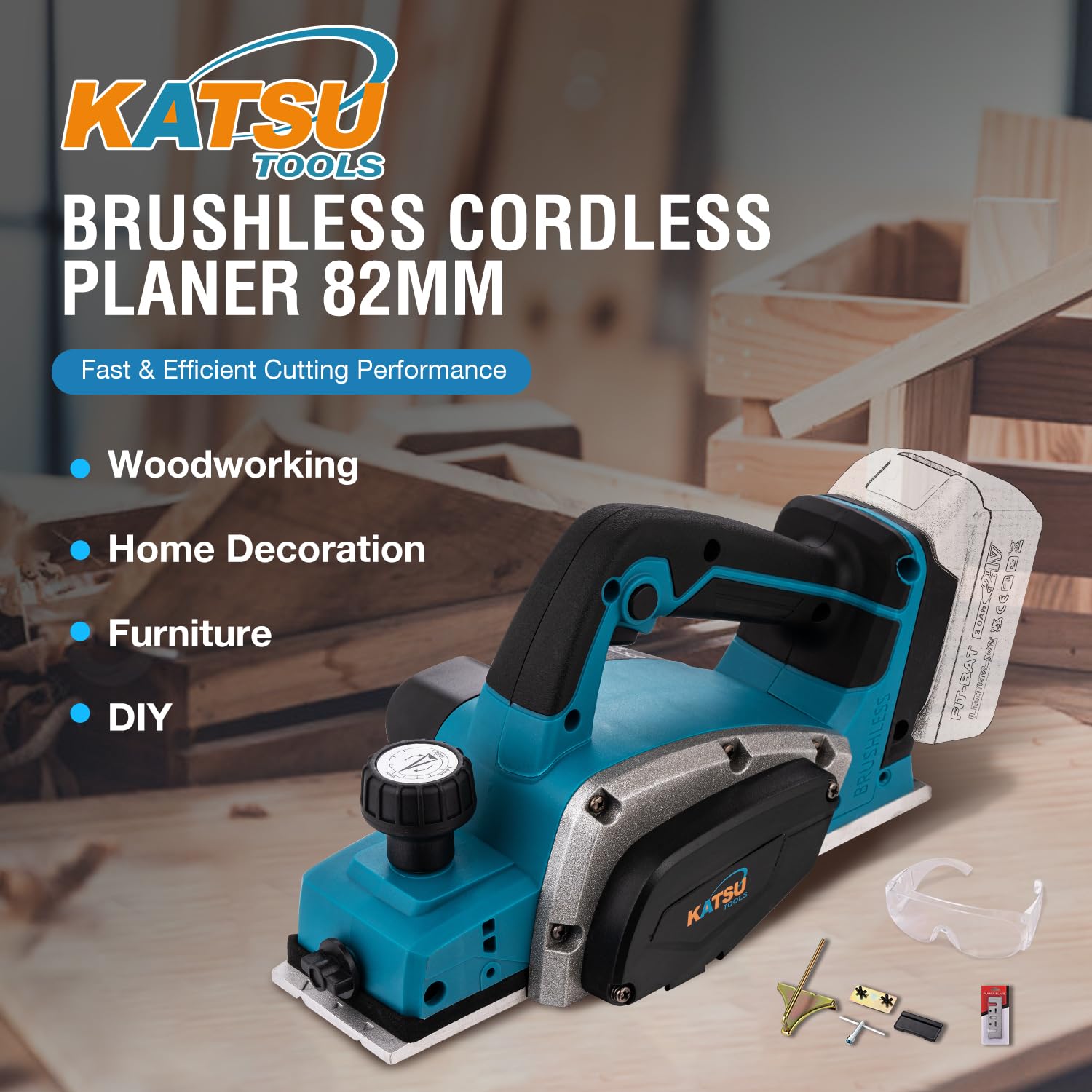 KATSU FIT-BAT Pialla Cordless 21V Brushless 82mm, Prof. 2mm, Base in Alluminio con 3 Scanalature a V, Lame Extra, Senza Batteria e Caricatore