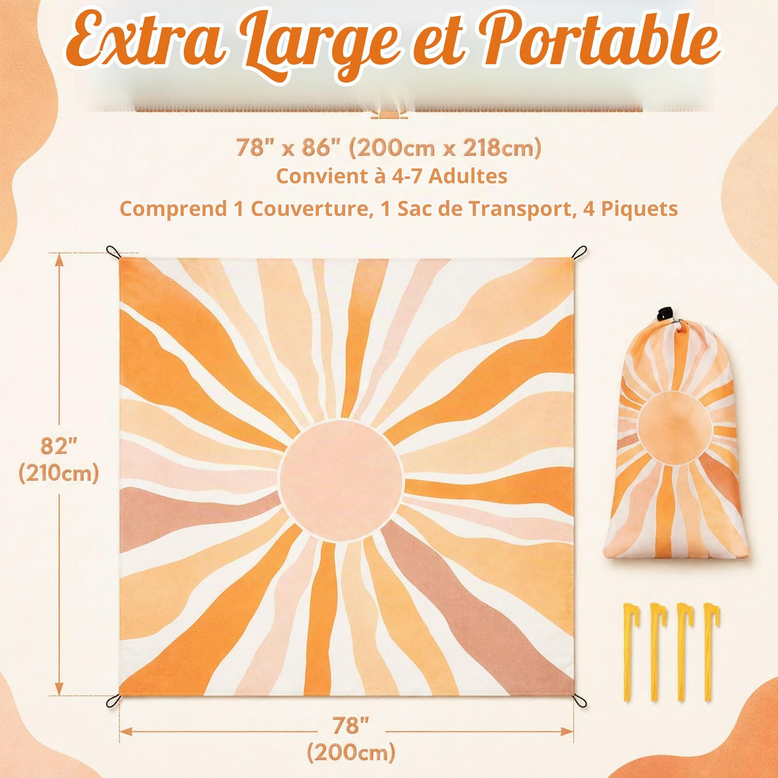 Couverture de plage imperméable et anti-sable – Grande couverture de pique-nique avec piquets de sol et sac de transport – Légère, à séchage rapide et compacte – Tapis de plage pour