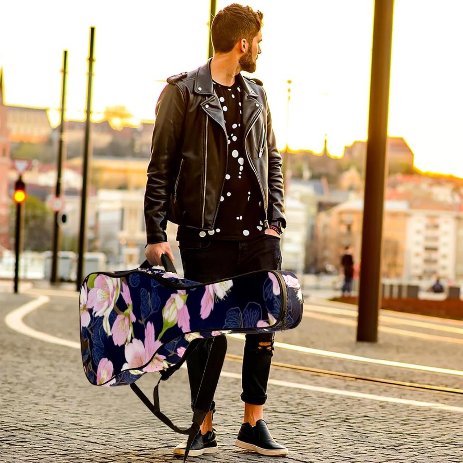 40/41/42-inch Aesthetic Cherry Blossoms Acoustic Guitar Bag With Adjustable Shoulder Strap And 2 Storage Bags. Guitar Bag With Back Hanging Loop, Electric, and Classical Guitars