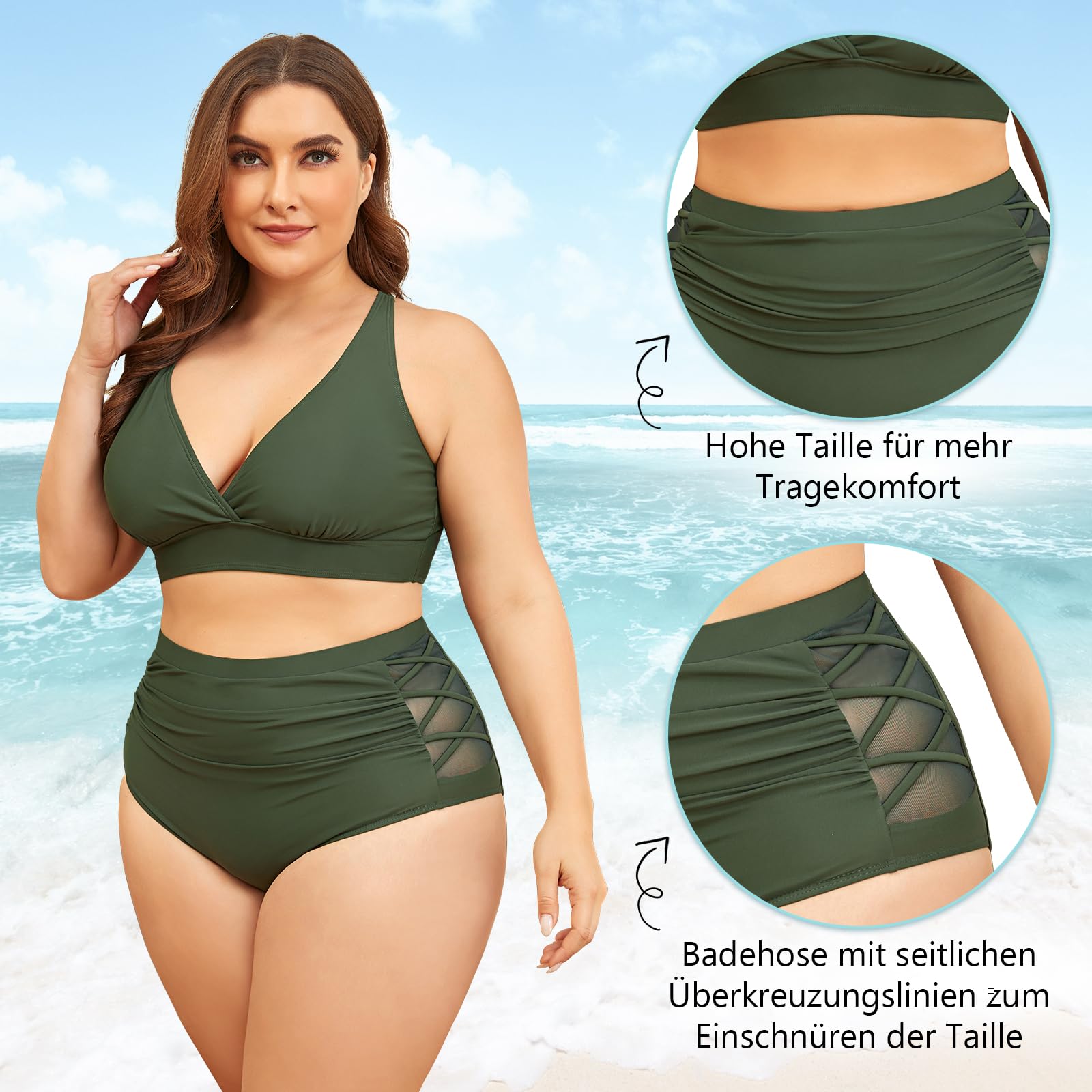 Century Star Bikini pour femme ventre plat gros seins maillot de bain col en V maillot de bain contrôle du ventre ensembles bikini taille haute, Vert armée, XXXL