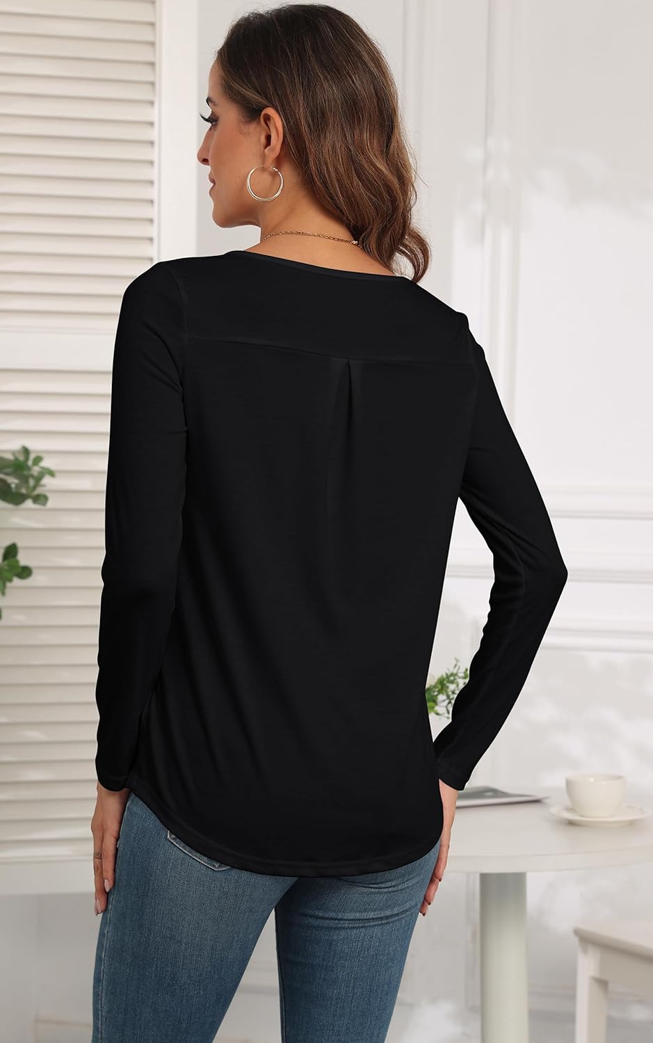 Long Sleeve Shirts for Women Casual V-Neck Pleated Fall T-Shirts Loose Fit Tunic Tops Blouses - Image 5