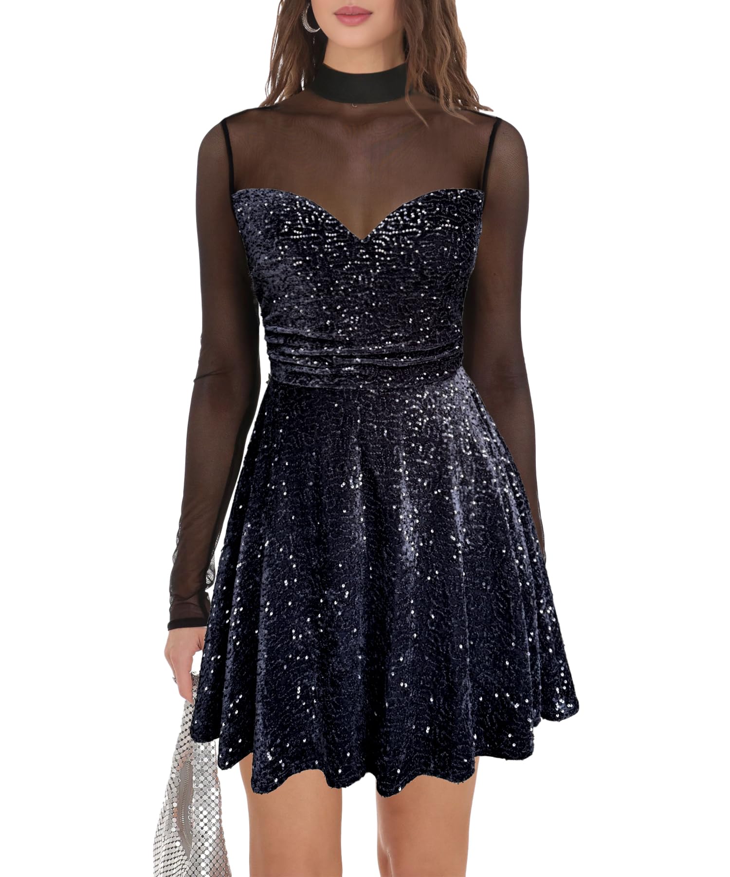 white christmas dresses Y2K Long-sleeved Party Club Dress Solid Color Round Neck A-line Mini main image 1