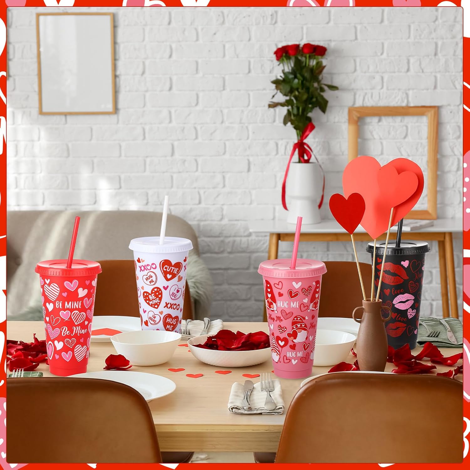 12 Pcs Valentine's Day 24 oz Plastic Cups with Lids and Straws, Reusable Cups Travel Mug Bulk for Valentine's Day Birthday Wedding Anniversary Party Favors - Image 6