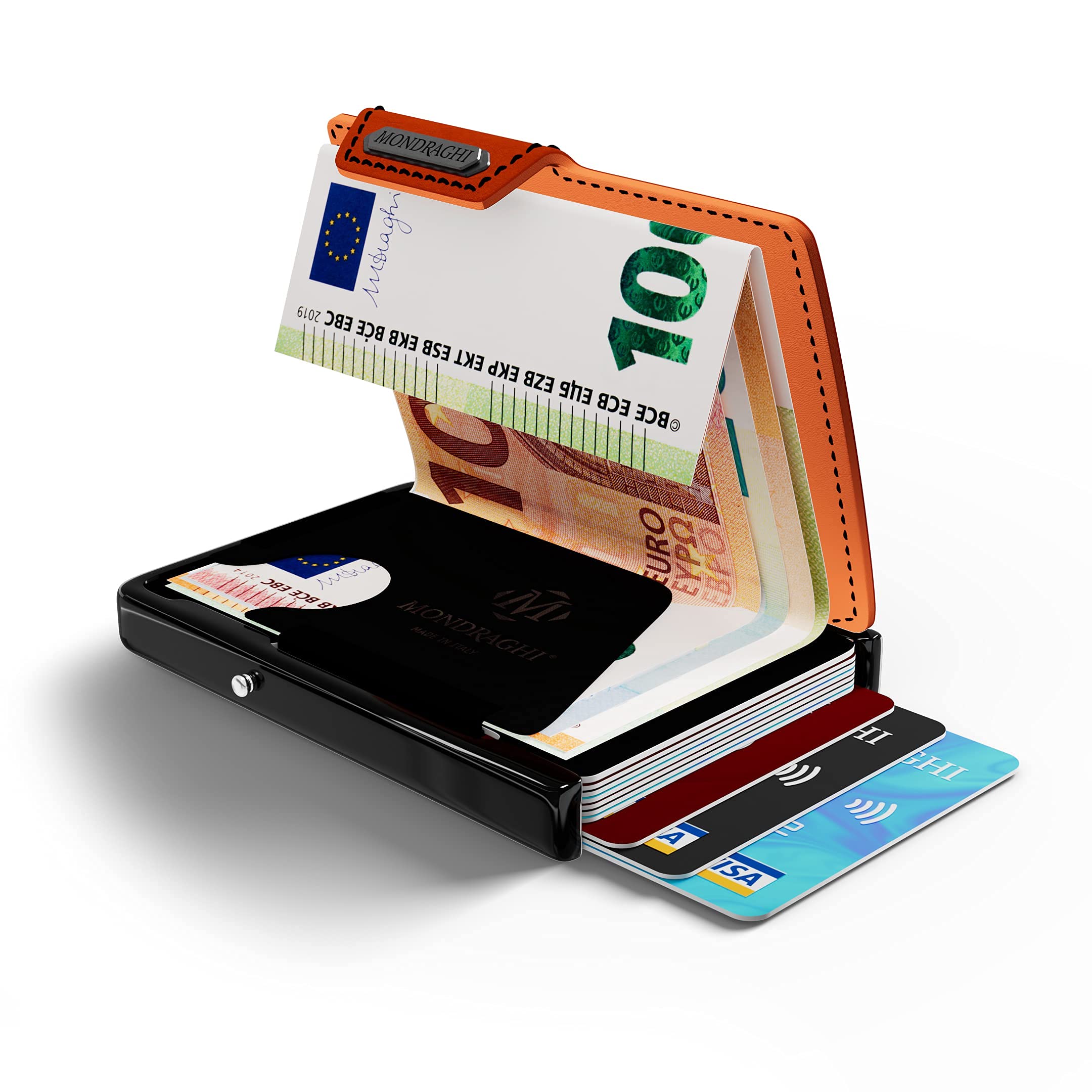 MONDRAGHI® Mini-Wallet. Ultraleichte Geldbörse mit Narbenleder. Kleiner Geldbeutel mit RFID-Schutz-Chip - Kartenetui mit Leichtmetallrahmen | Racing Orange