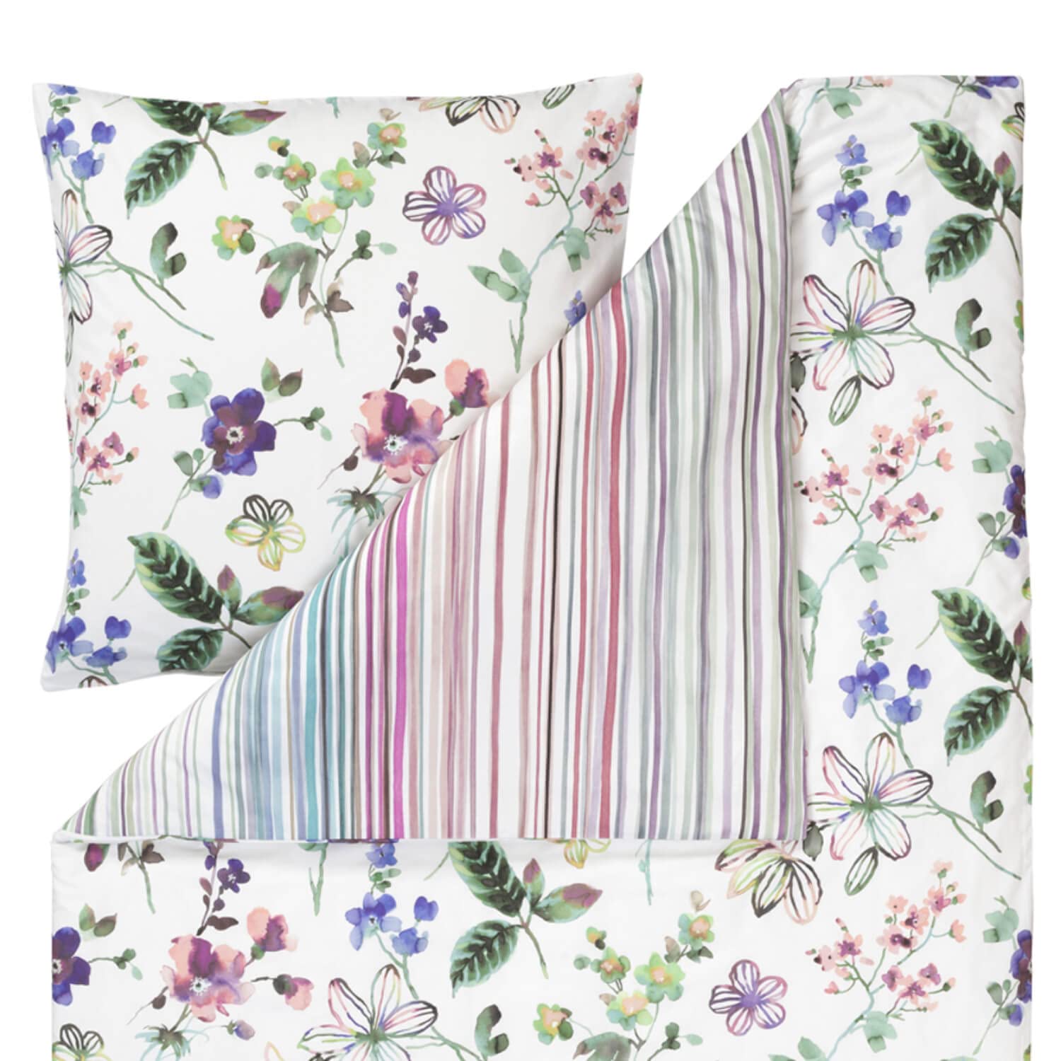 ESTELLA Bettwäsche Lily 4747 985 Bunt Blumen Blüten Blätter Weiß Gestreift Aquarell Streifen Mako Satin, Größe:135 cm x 200 cm