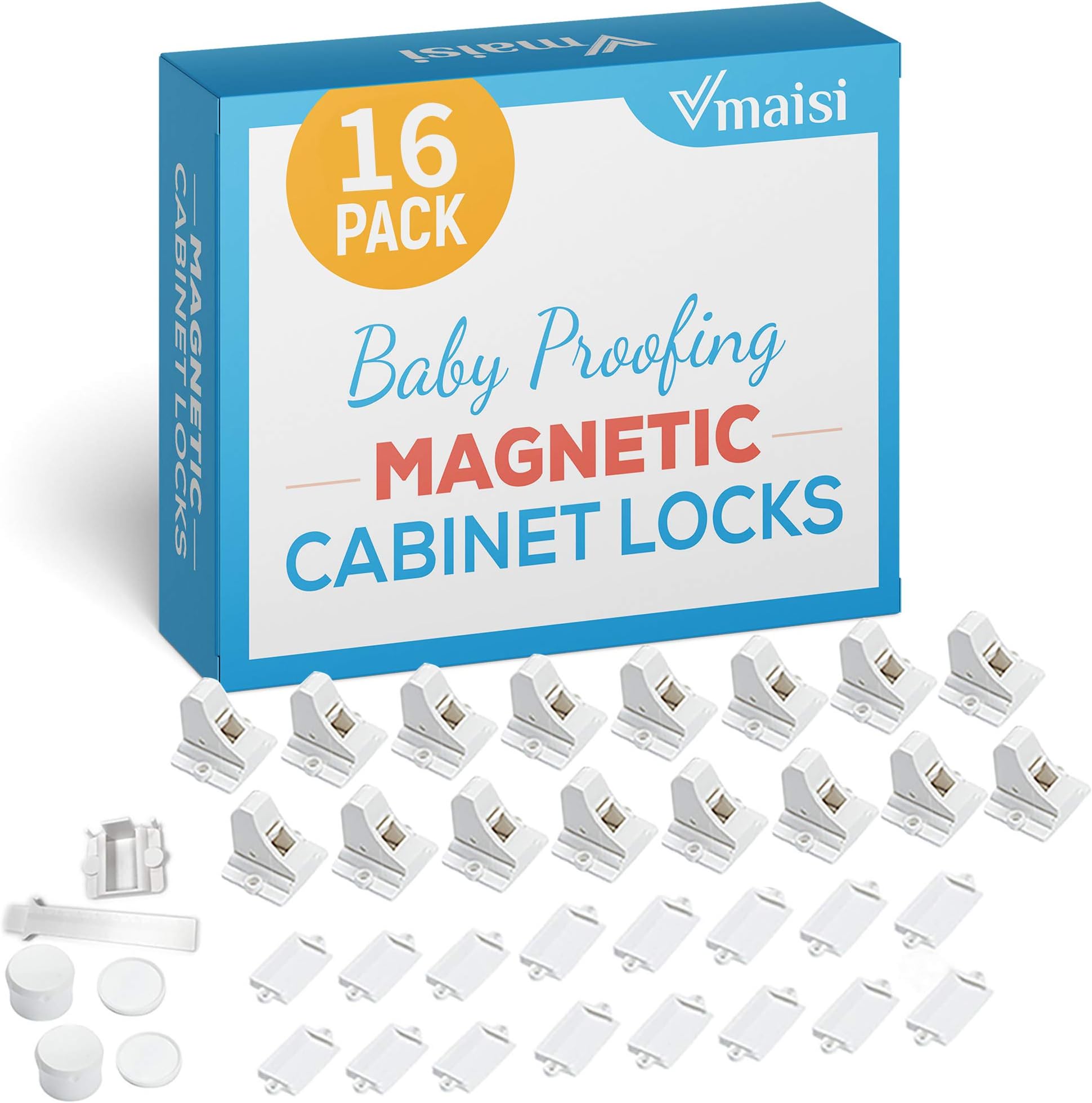 Vmaisi 16 Pack Child Safety Magnetic Cabinet Locks - Children Proof Cupboard Baby Locks Latches - Adhesive for Cabinets & Drawers and Screws Fixed for Protection