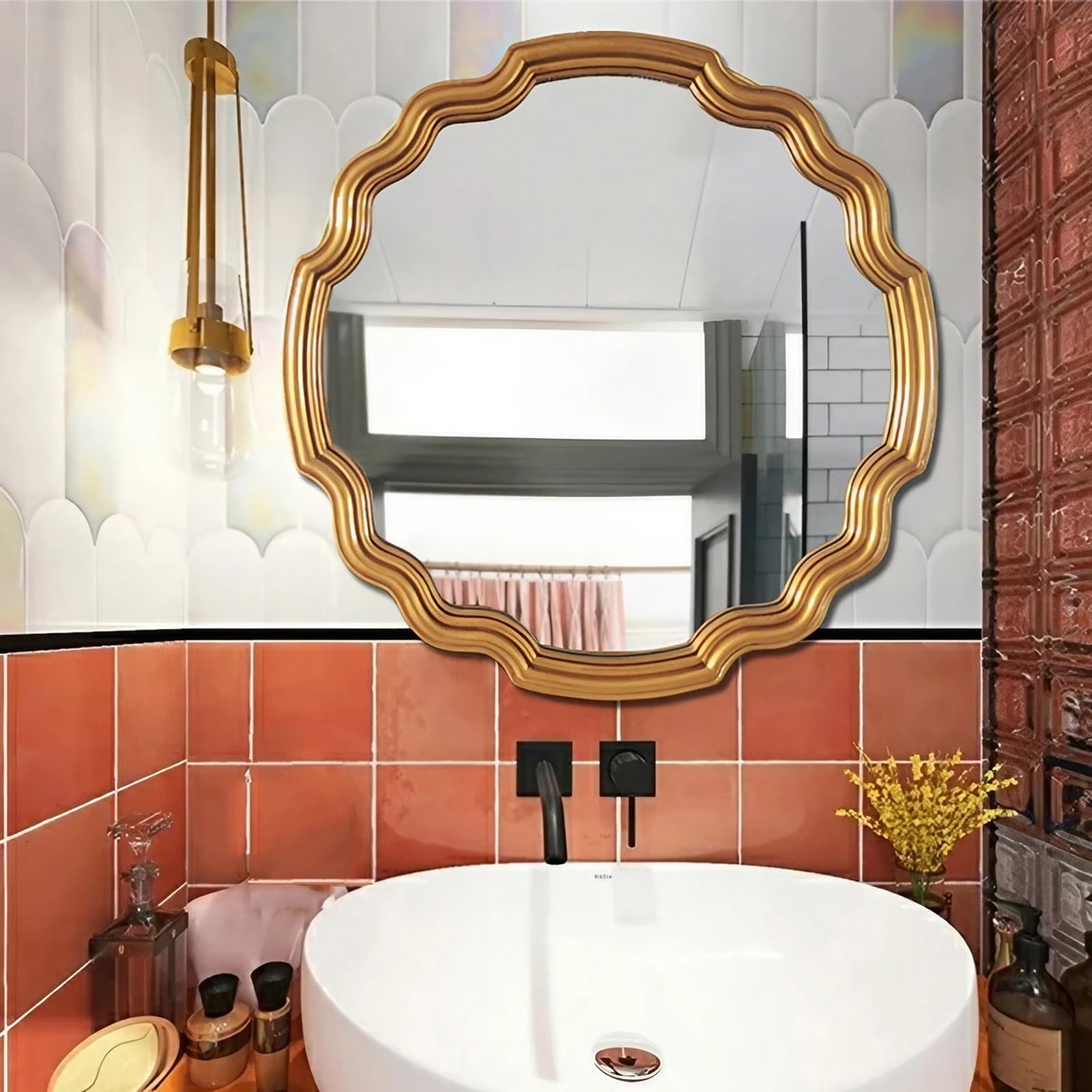 FGXHHS Wavy Bathroom Vanity Mirror, 26 inch/65cm Modern Round Decorative Wall Gold Hanging Mirror for Living Room Bedroom Entryway Hallway