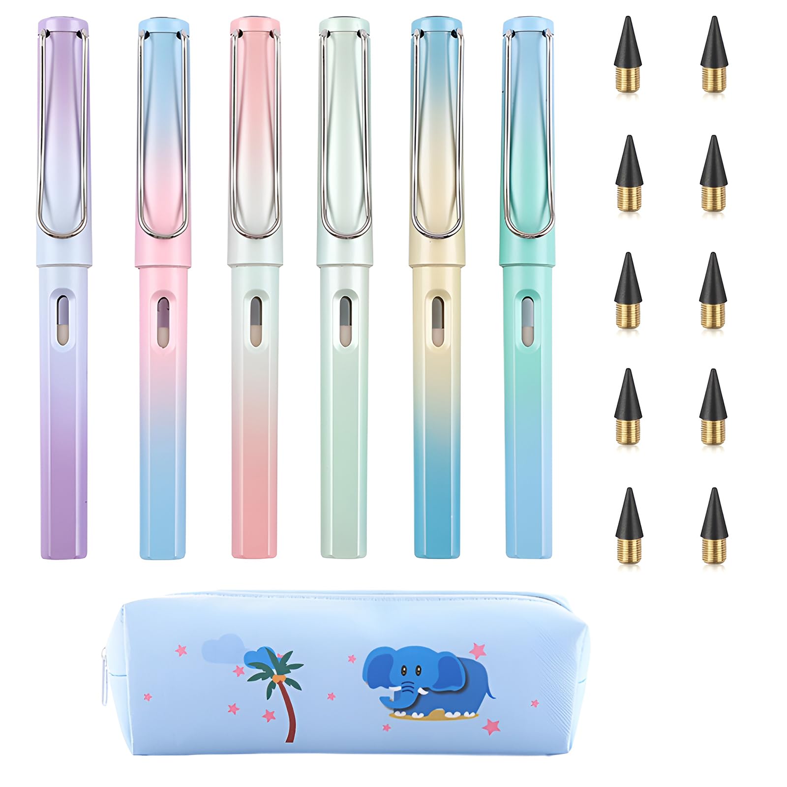 ZIGefofo 6 Piezas Lapiz Eternos Sin Tinta con 10 Puntas de Repuesto y 1 Estuche de Elefante Calidad Duradero Lápices Mágicos Ergonómicos Infinito para Escribir Dibujar - Colores Degradados