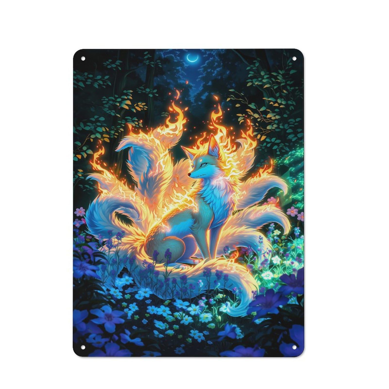 Creative Fiery Nine-Tailed Fox in Forest Office Metal Sign 40x30cm, Study Room Decor for Workspace, Cafe, Shop Or Desk Area