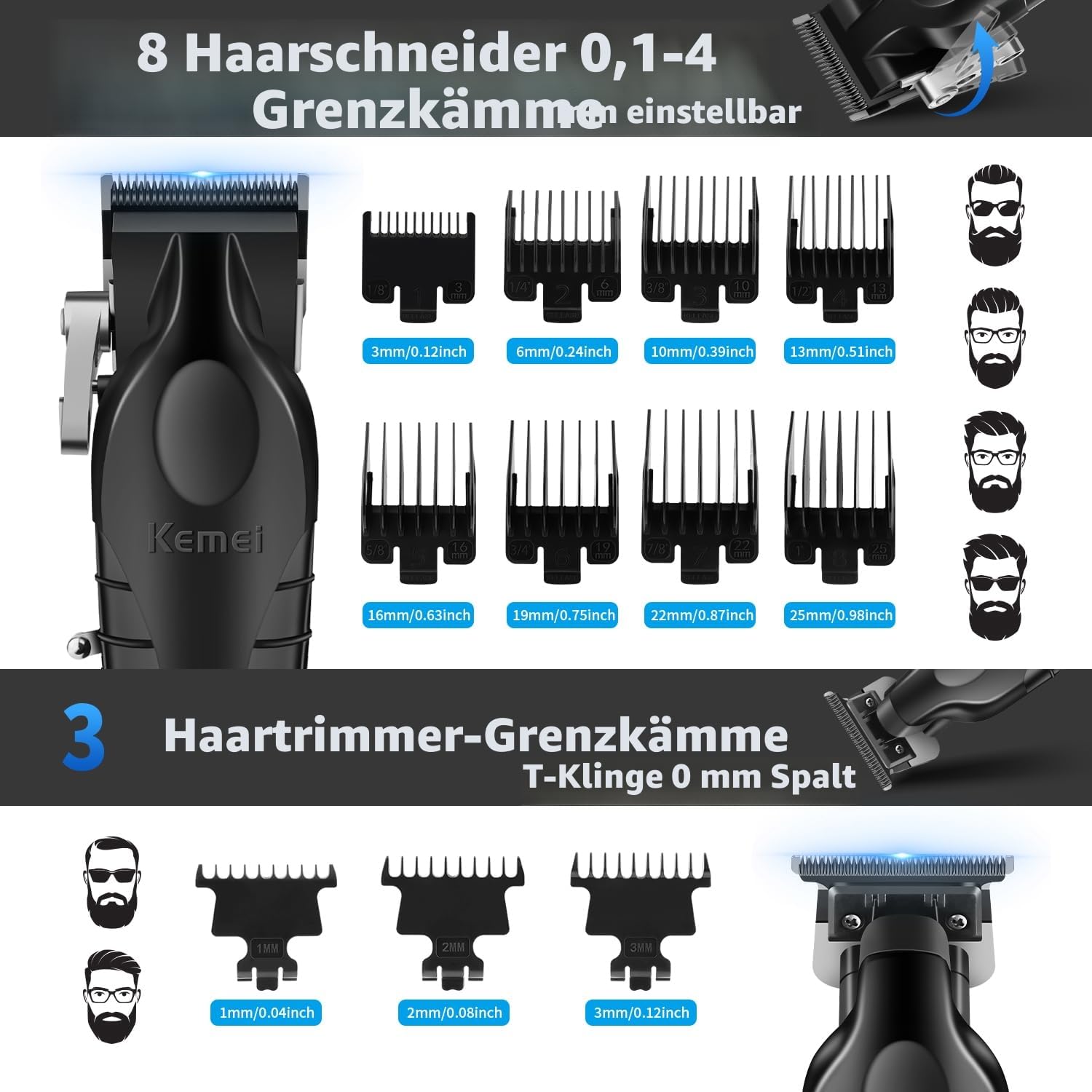 KEMEI Professionelle Haarschneidemaschine für Männer, Schnurloser Haarschneider Bartschneider Folienrasierer Nase Augenbrauen Ohrschneider Set, USB-Aufladung Komplettes Elektrisches Haarschneide-Kit