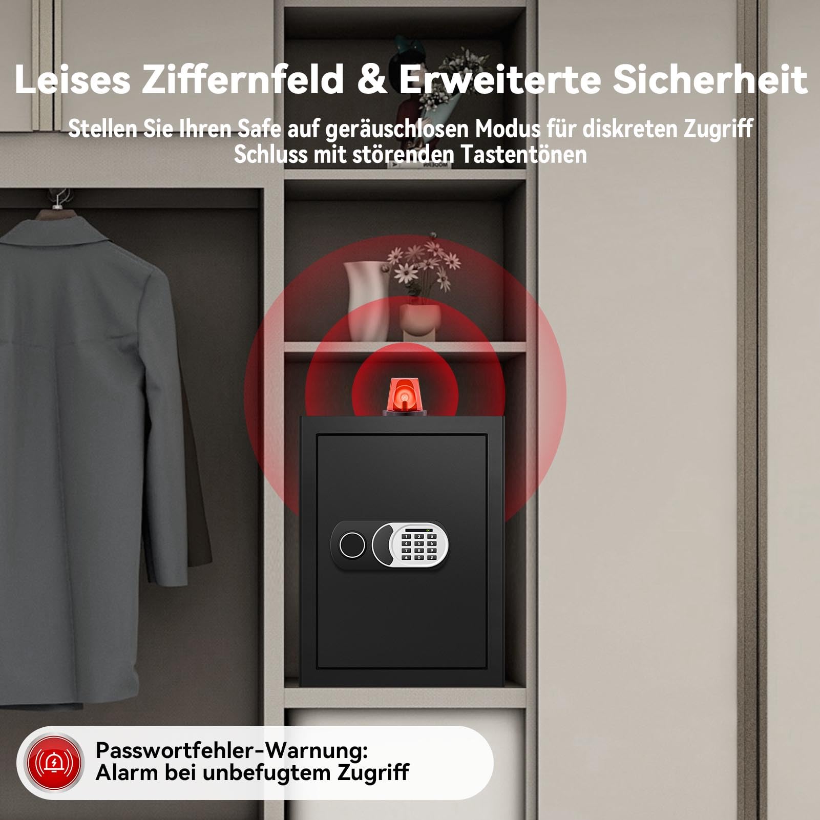 Digital Security Elektronischer Tresor mit LED-Beleuchtung, 60L Feuersicherer Safe für Zuhause, Büro, Hotel – Inklusive A4-Dokumentenbeutel und Wandmontage-Set (35x35x45cm)