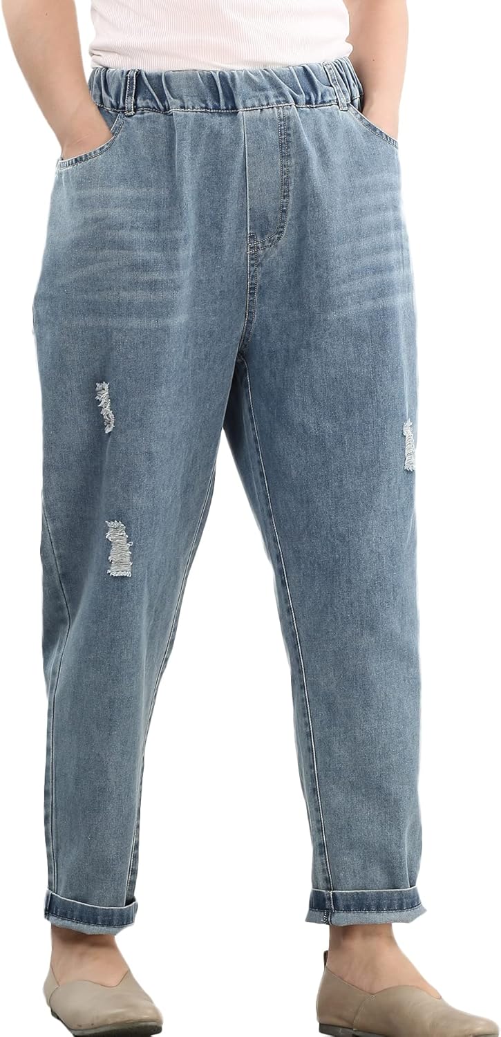 FTCayanz Women's Elastic Waist Cropped Jeans Baggy Drawstring Stretch Denim Pants with Pockets