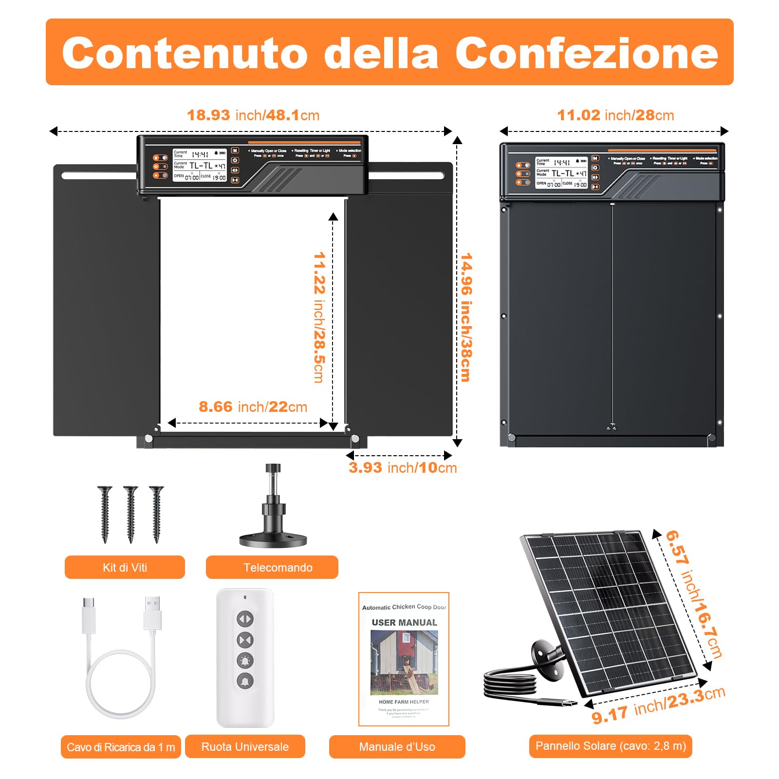 Porta Automatica per Pollaio Grandi Dimensioni, 4 Modalità | Porta Pollaio Automatica Alluminio con Pannello solare da 7 W, con timer e sensore di luce, Ampio display LCD, con telecomando (Nero)