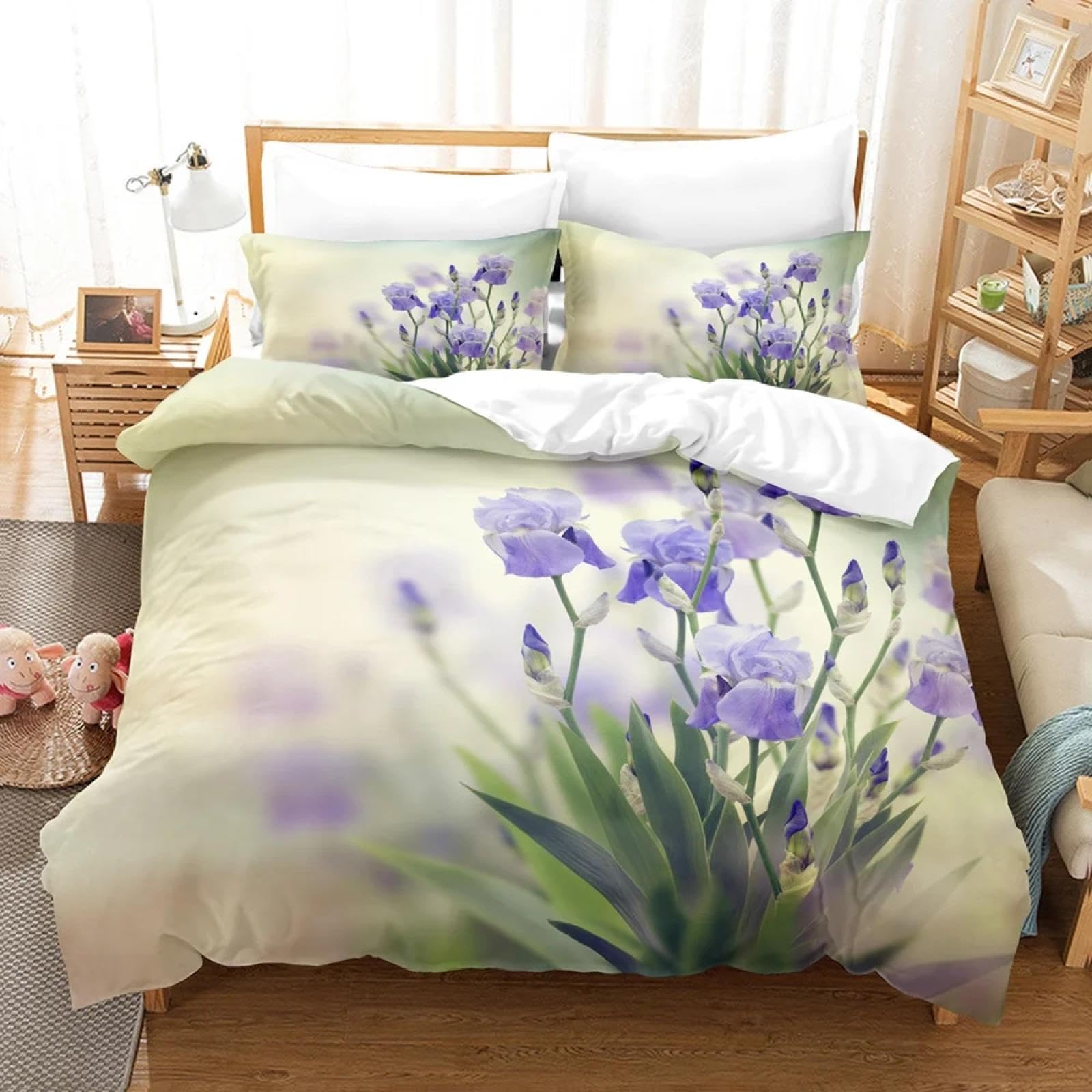 Housse de couette violette fleurs 135x200 parure de lit chic pour filles avec 2 taies