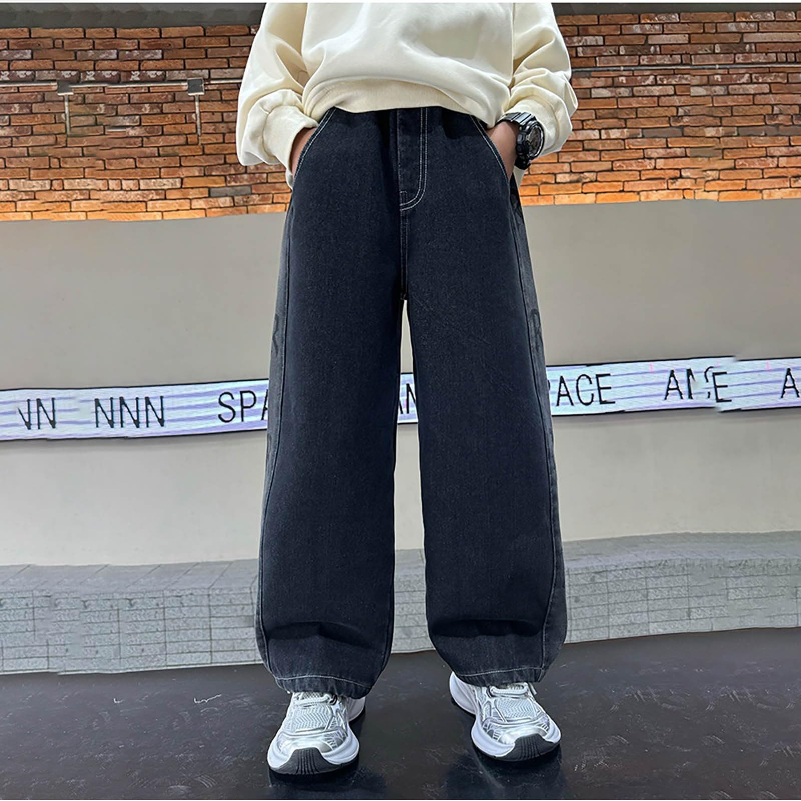 Generico Jeans Bambino 3-12 Anni Elasticizzati Baggy Felpati Pantaloni Jeans Denim Ragazzo Elastico in Vita Straight Vintage Pantaloni Lavoro Cargo Stretch Imbottiti Invernali Y2K Streetwear Tasche