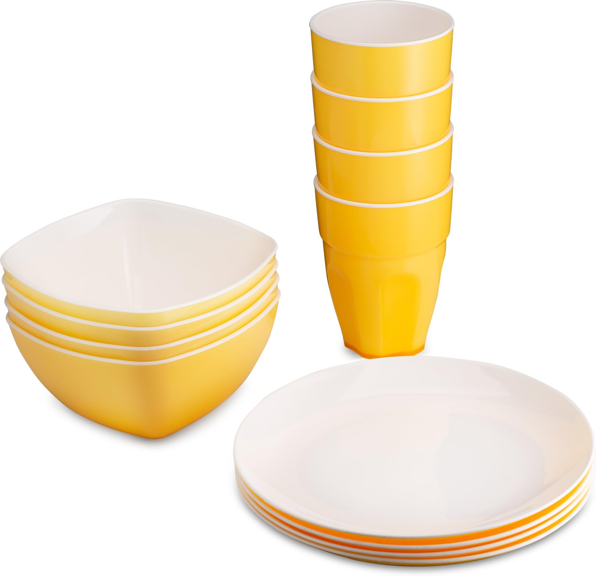 Reusable Plastic Party Dinnerware Set(12pcs) Ideal For Kids Fancy Hard Plastic Plates, Bowls&Cups In Yellow Festive Colors–Microwaveable & Dishwasher Safe Flatware &Tumblers For Daily Use.