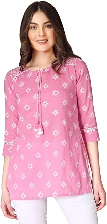 ladyline Womens Cotton Printed Embroidered Tunic Top Short Kurti Ethnic Block Print with Mirror & Sequin Work Casual Kurta