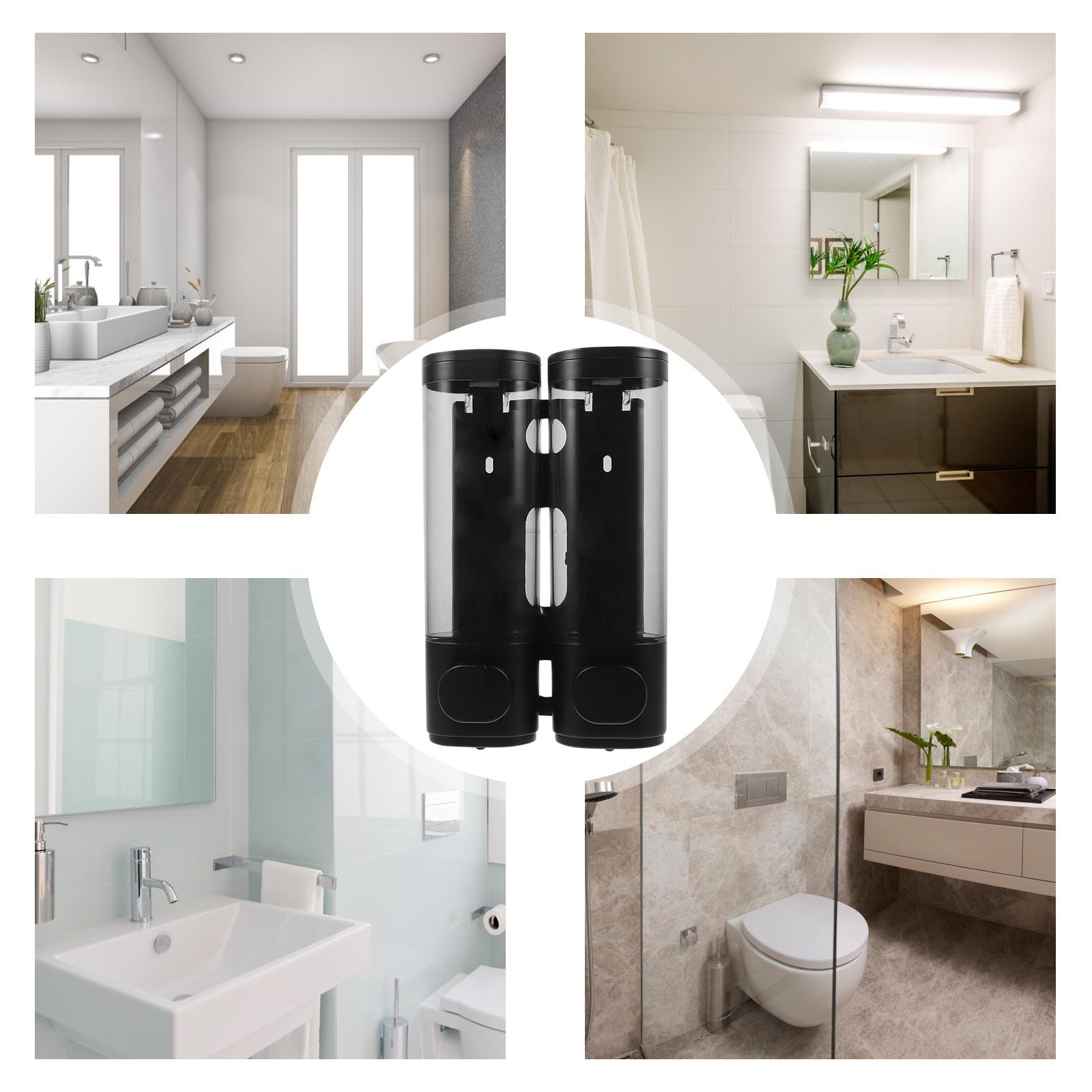 Dispensador de Jabón Negro 300ml sin Perforaciones Plástico Dispensador de Champú y Acondicionador de Pared para Gel de Ducha y Champú, Baños y Hoteles