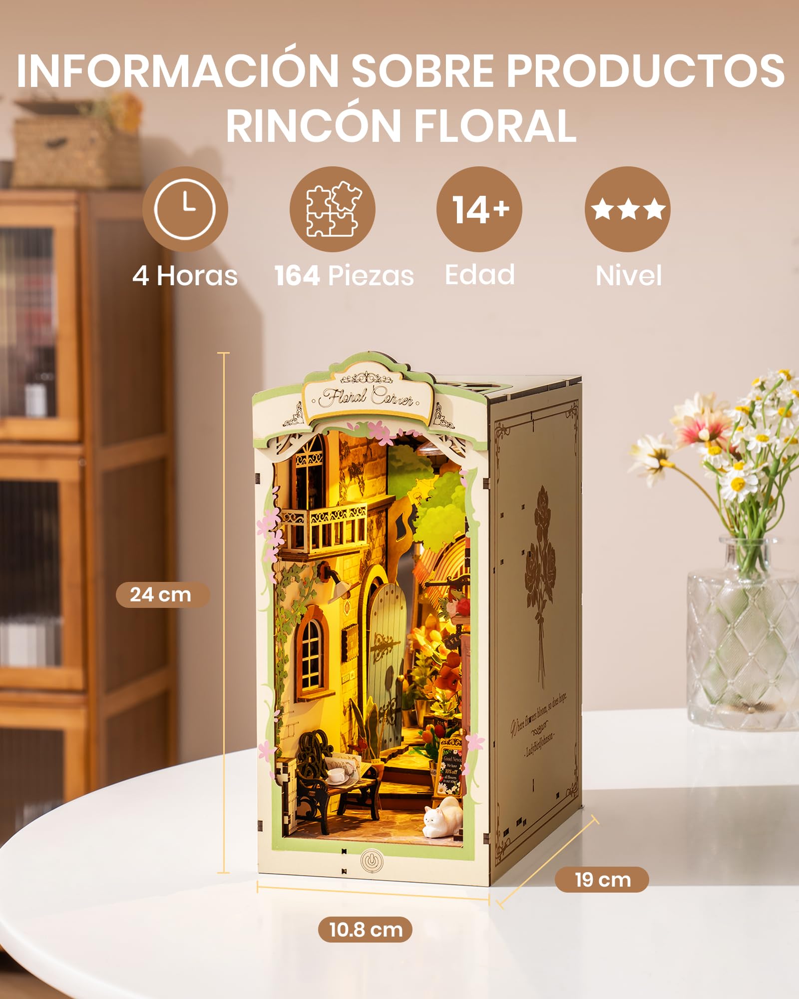 ROBOTIME Book Nook Kit Rincón Floral con Luces LED - Booknook Casas de Muñecas de Madera, Booknok Decoración del Hogar, Nookbook Regalos para Adultos Niños Mujeres