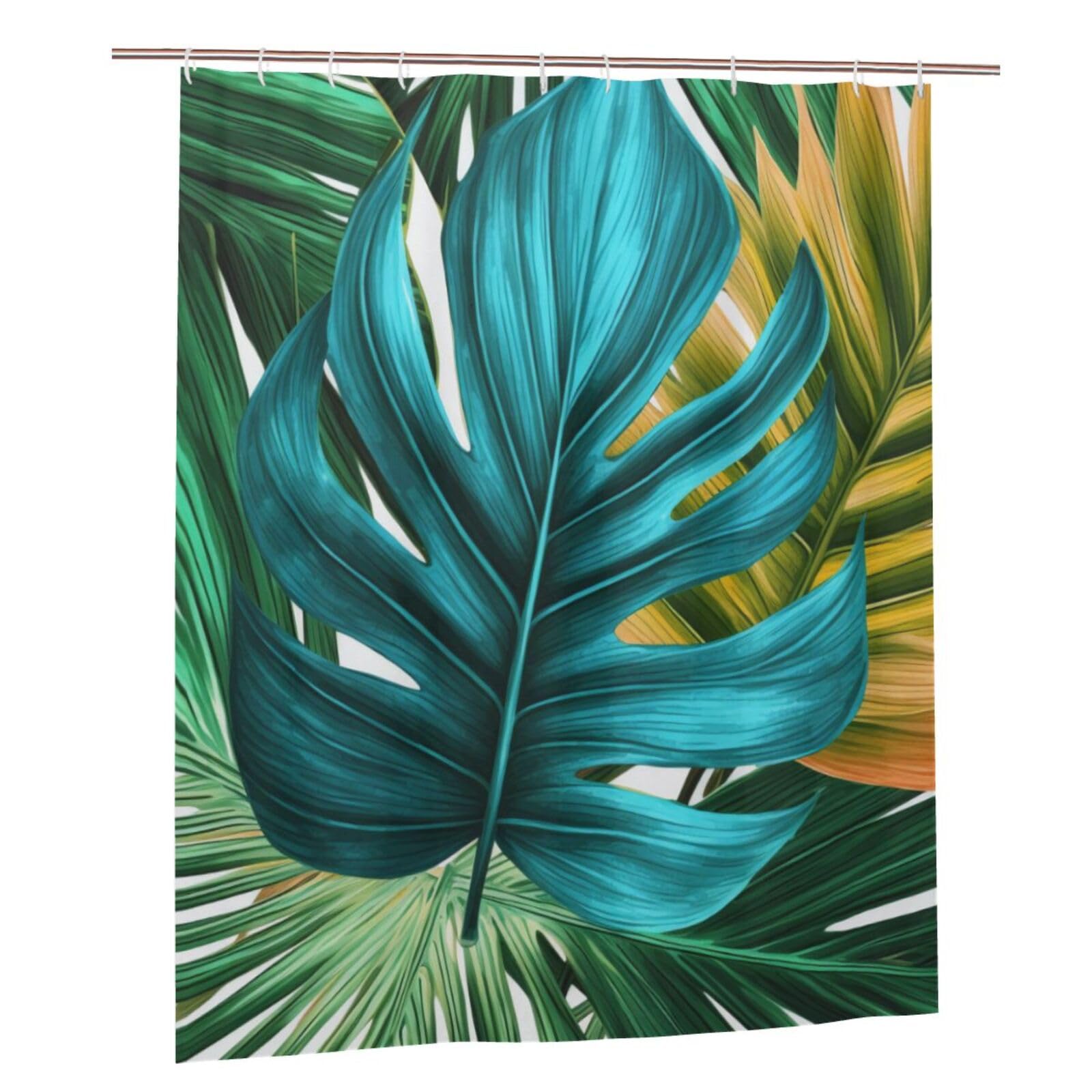 BWWHCCTI Tropical Palm Leaf Printed Shower Curtain With 12 Plastic Hooks Opaque Quick Drying Waterproof Shower Curtains Sets For Bathroom 152x183 Cm