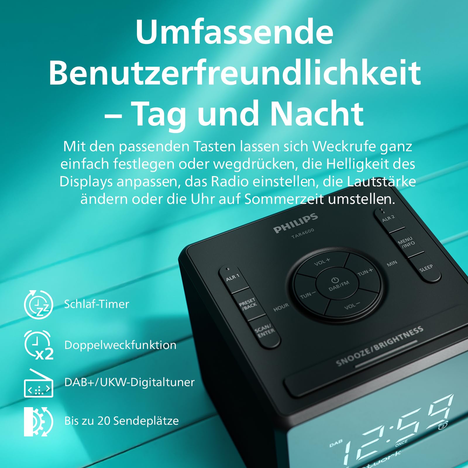 Philips TAR4650 DAB+/UKW Uhrenradio mit Doppelweckfunktion – USB-Anschluss, inkl. Multikabel