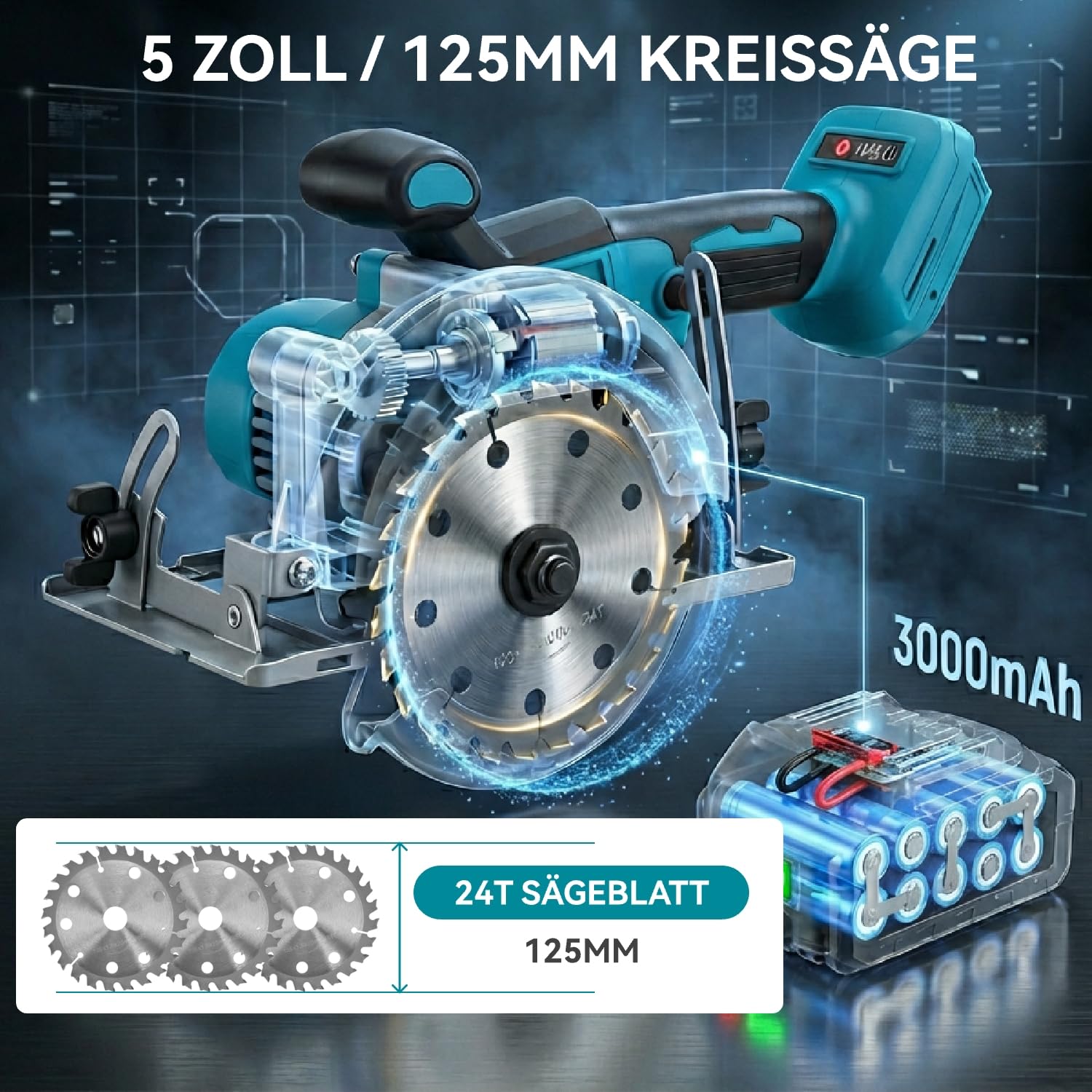 Yofidra Sierra Mini akumulatorowa piła tarczowa 6000 obr./min, 2 akumulatory 3000 mAh i ładowarka, Ø125 mm, głębokość cięcia 45 mm, regulowany kąt 0-45°, 3 poziomy, 3 ostrza, do drewna, plastiku, PVC