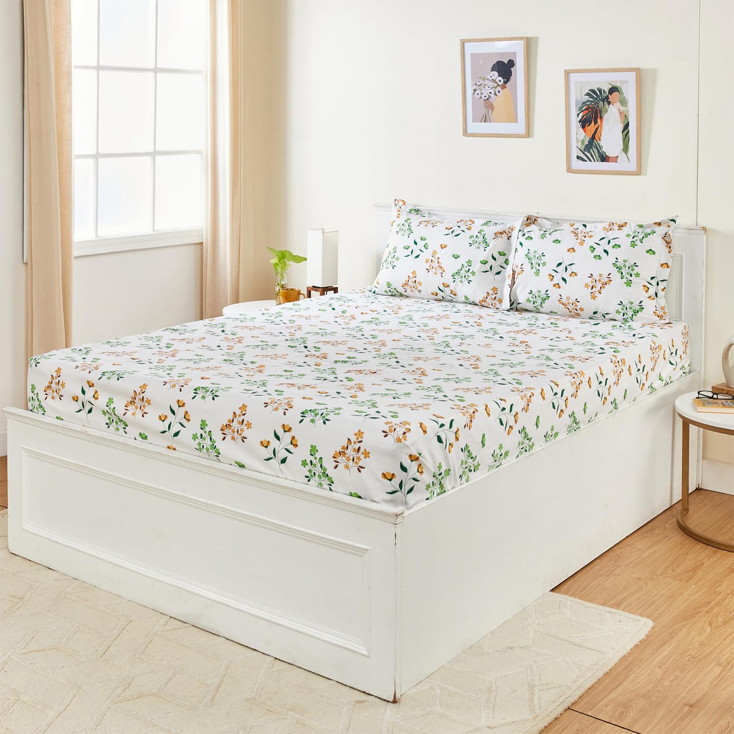 Amazon Brand - Solimo Floral 144 TC Cotton Queen Bedsheet with 2 Pillow Covers |90x100 Inch| Green & White