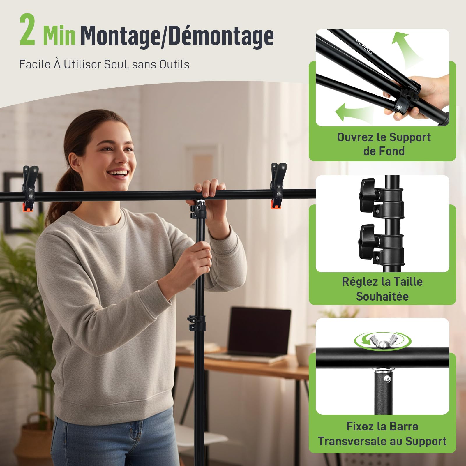 Fond Vert avec Support 1,5x2m Pliable Toile de Fond Photo Studio Green Screen pour Vidéo Photographie Chromakey