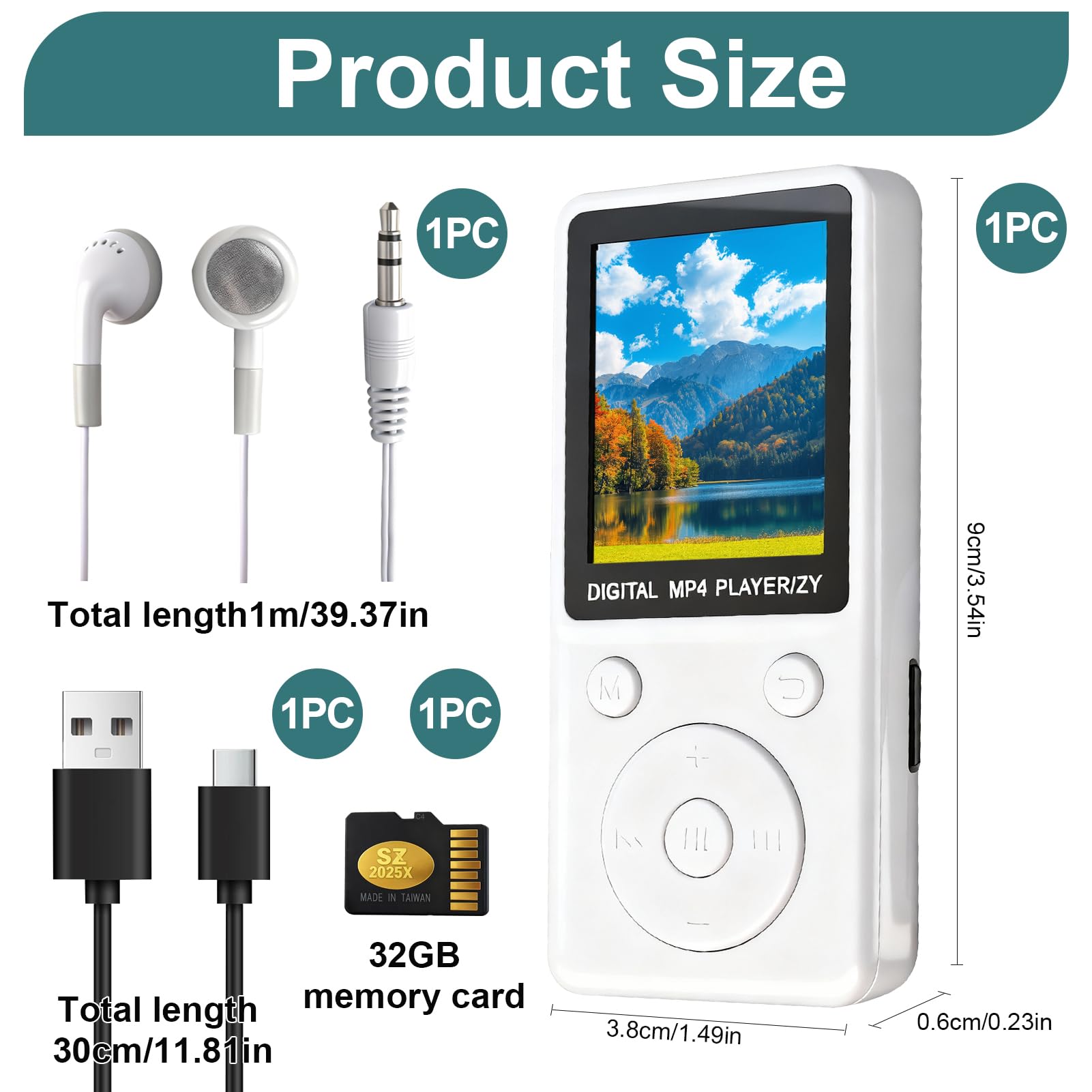 MP3 Player mit Bluetooth 5.2, 32GB Speicherkarte, 1,8 Zoll TFT Farbbildschirm, tragbarer Musikplayer mit Lautsprecher, FM Radio, Sprachaufnahme, E-Book, Video, Fotobetrachter, für Sport